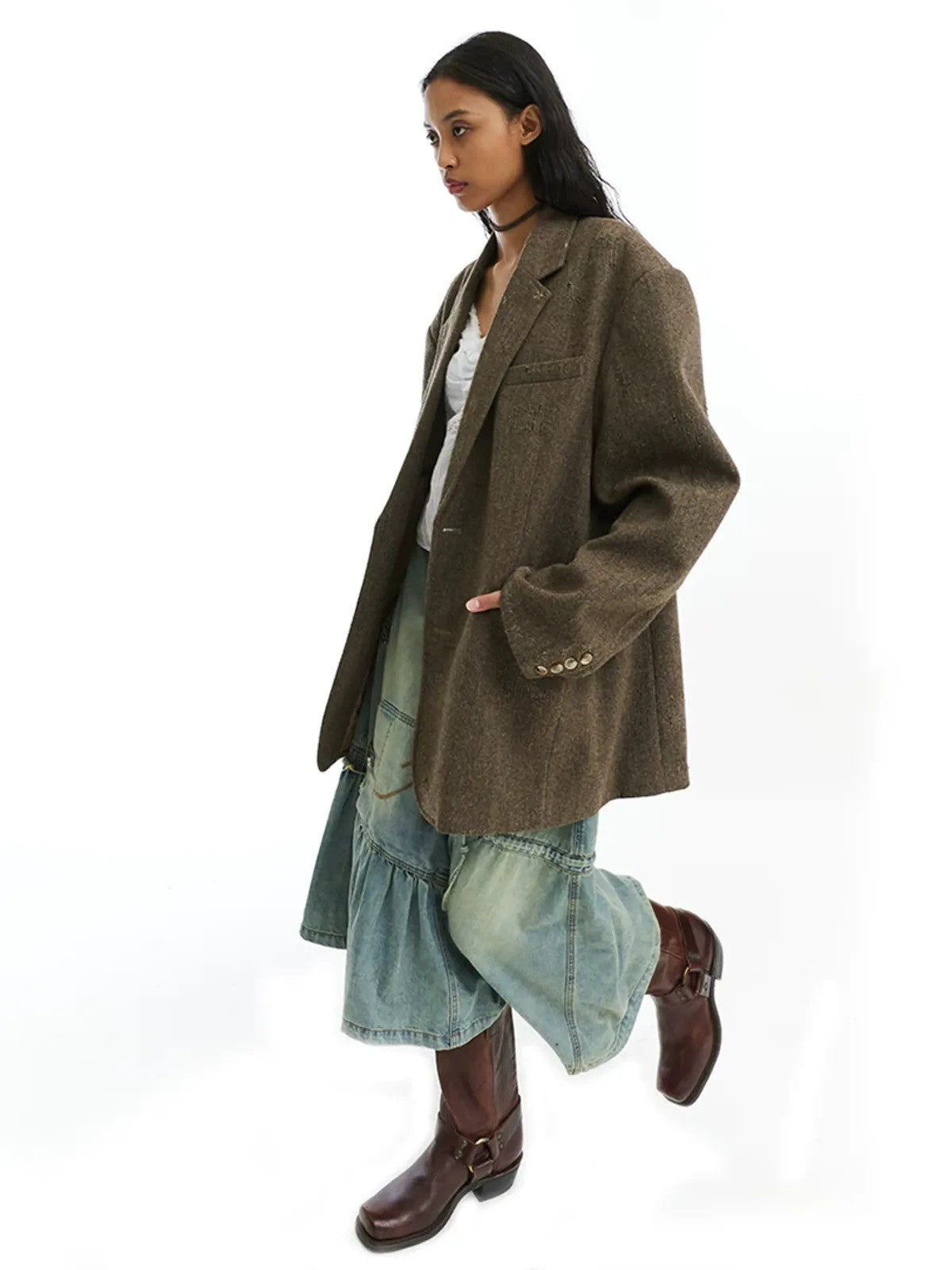 NeverSeez Hand Distressed Embroidered Blazer in Brown