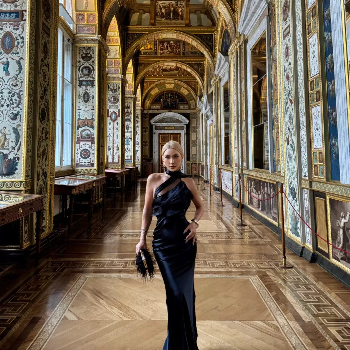 1S STUDIO Mesh Cutout Ruffle Halter Dress in Black - On Model