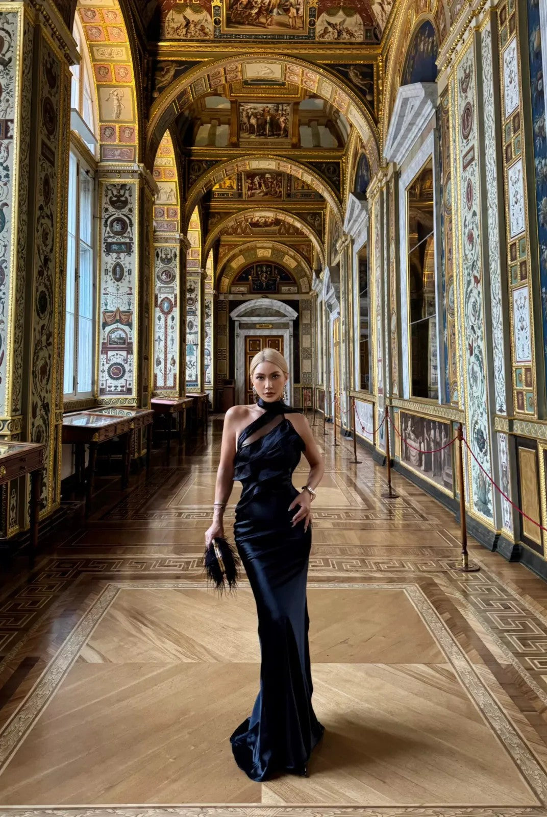 1S STUDIO Mesh Cutout Ruffle Halter Dress in Black - On Model