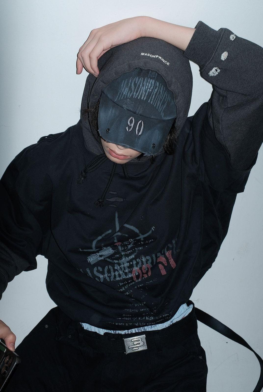 MasonPrince Distressed Metal Accent Baseball Cap in Black - On Female Model