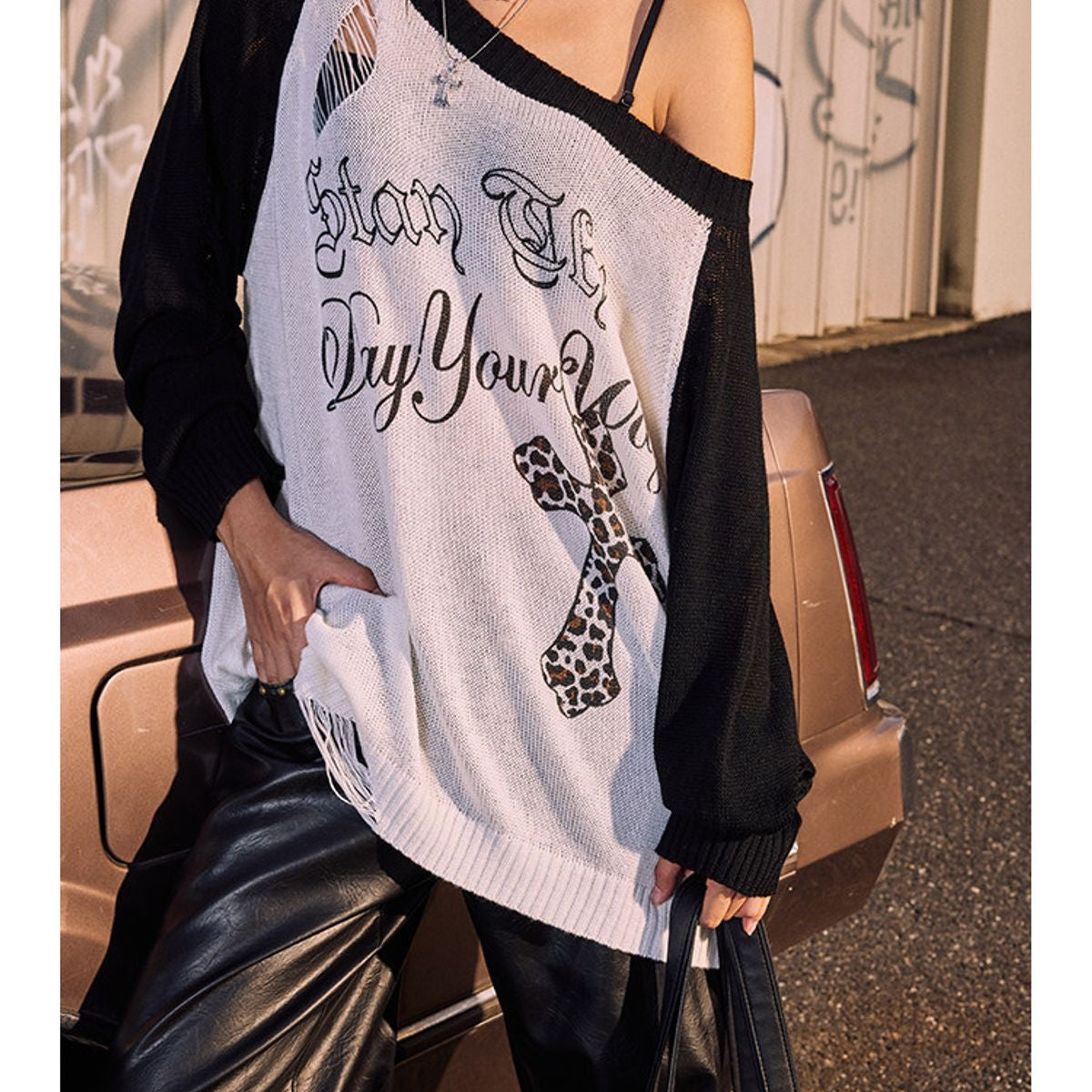 BeerBro Distressed Graphic Off Shoulder Sweater in Black - On Model