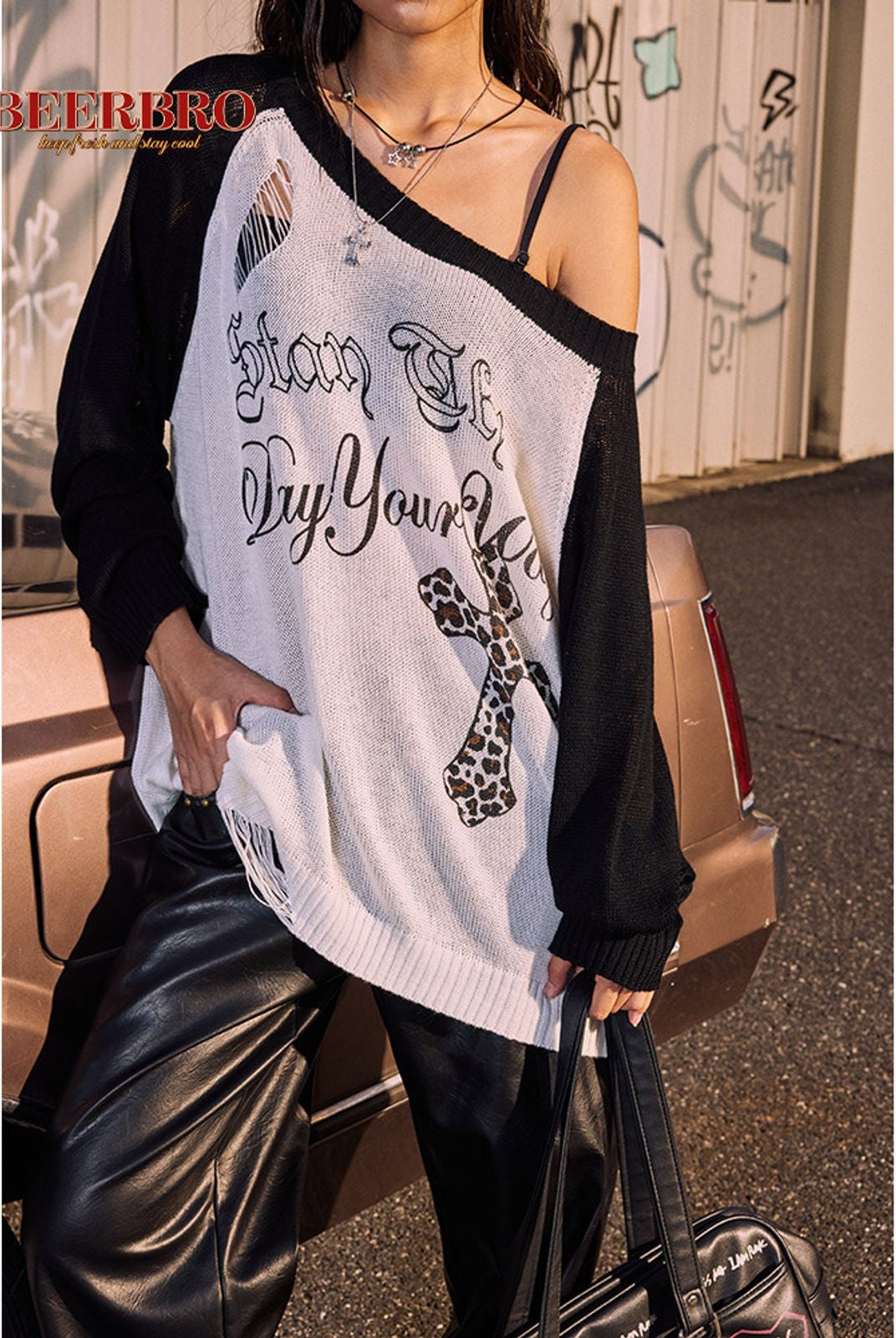 BeerBro Distressed Graphic Off Shoulder Sweater in Black - On Model