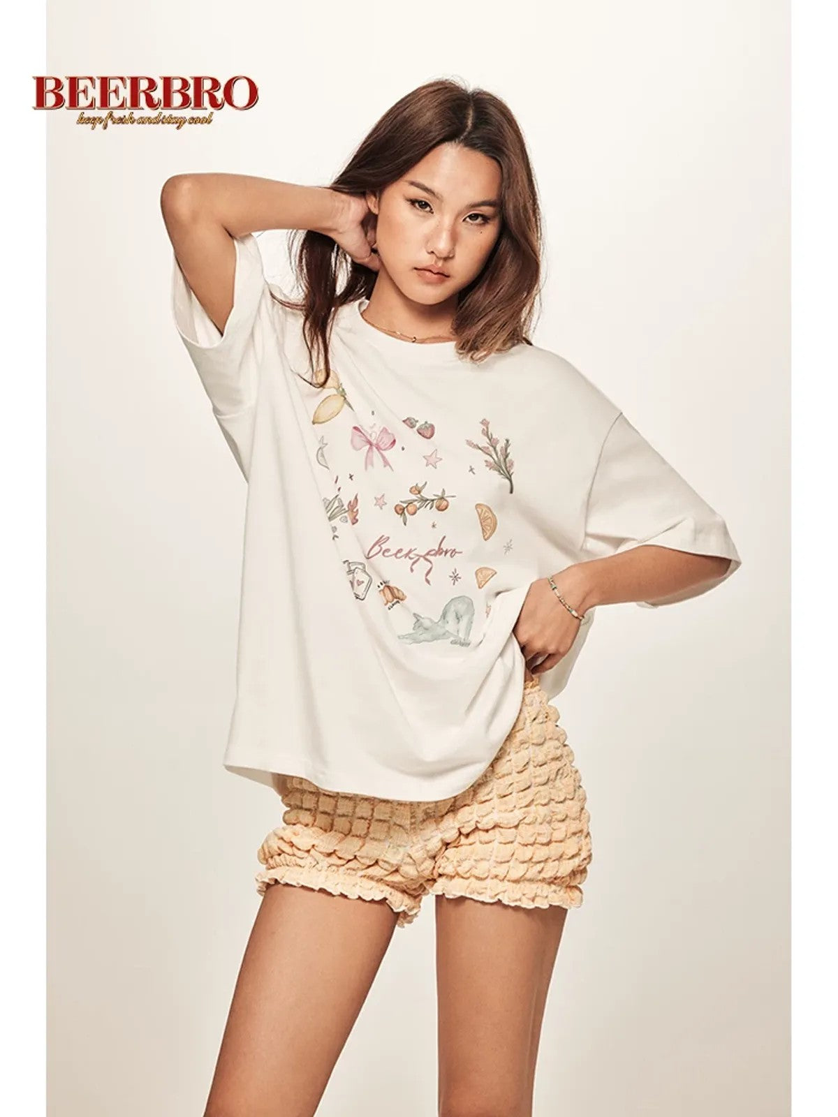 BeerBro Retro Graphic Print T Shirt in White - On Model