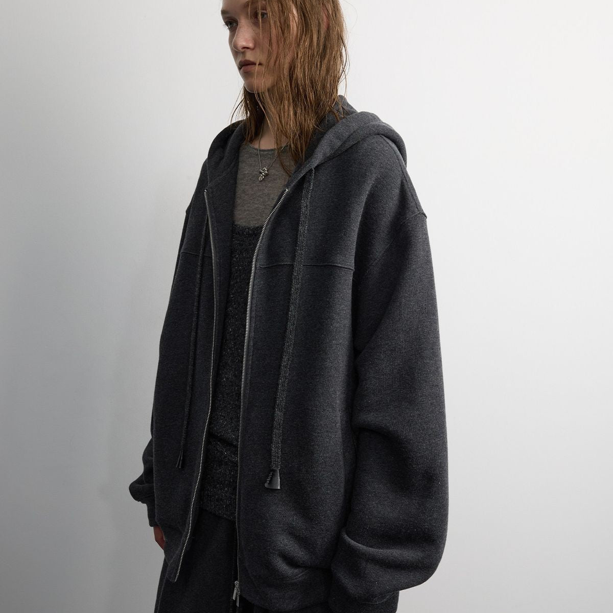 RandomPiece Fleece Lined Cotton Wool Zip Hoodie in Gray - On Model