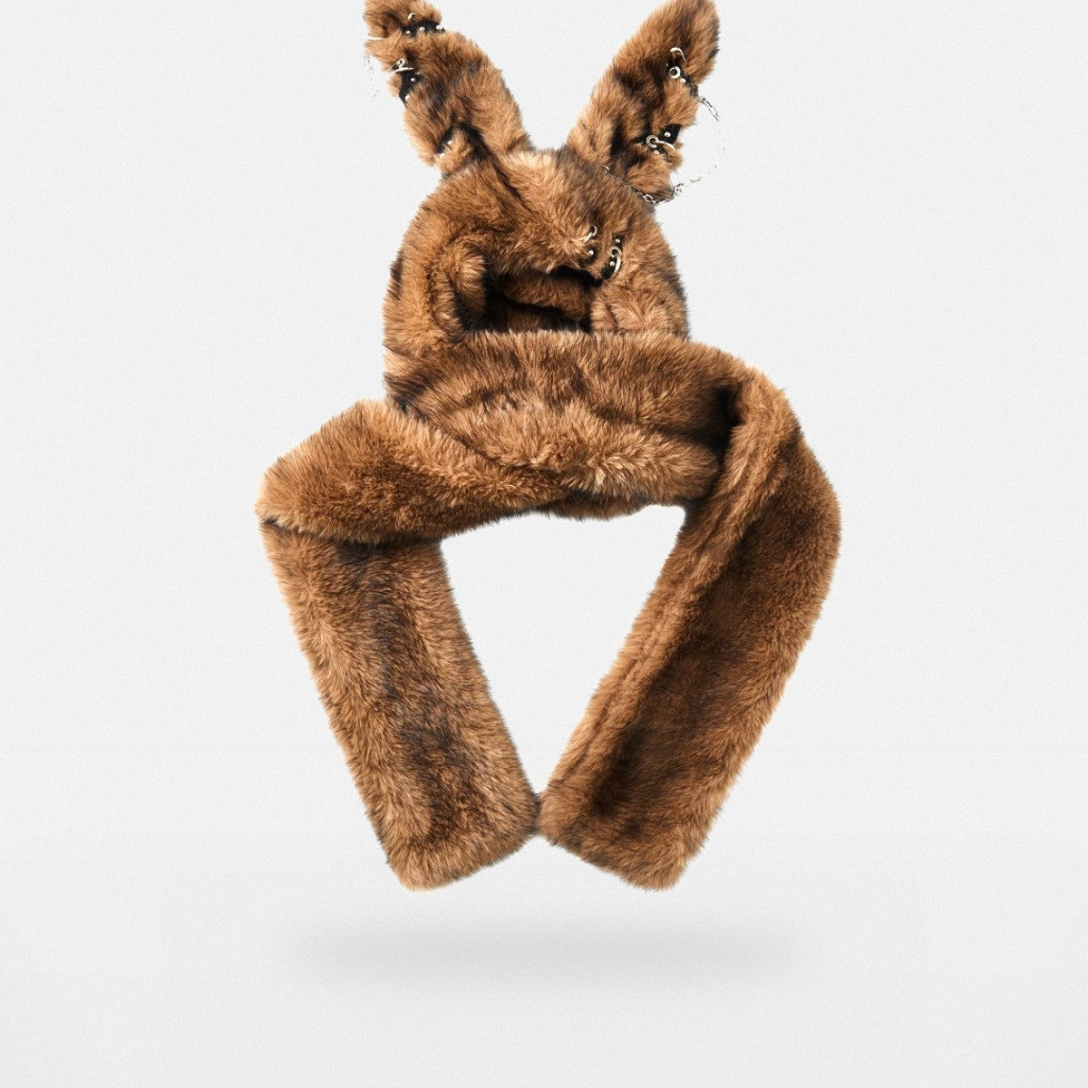 CFIERCE Pierced Faux Fur Bunny Hooded Scarf in Brown