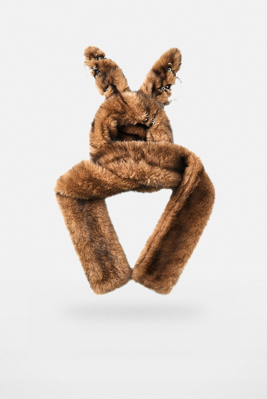 CFIERCE Pierced Faux Fur Bunny Hooded Scarf in Brown