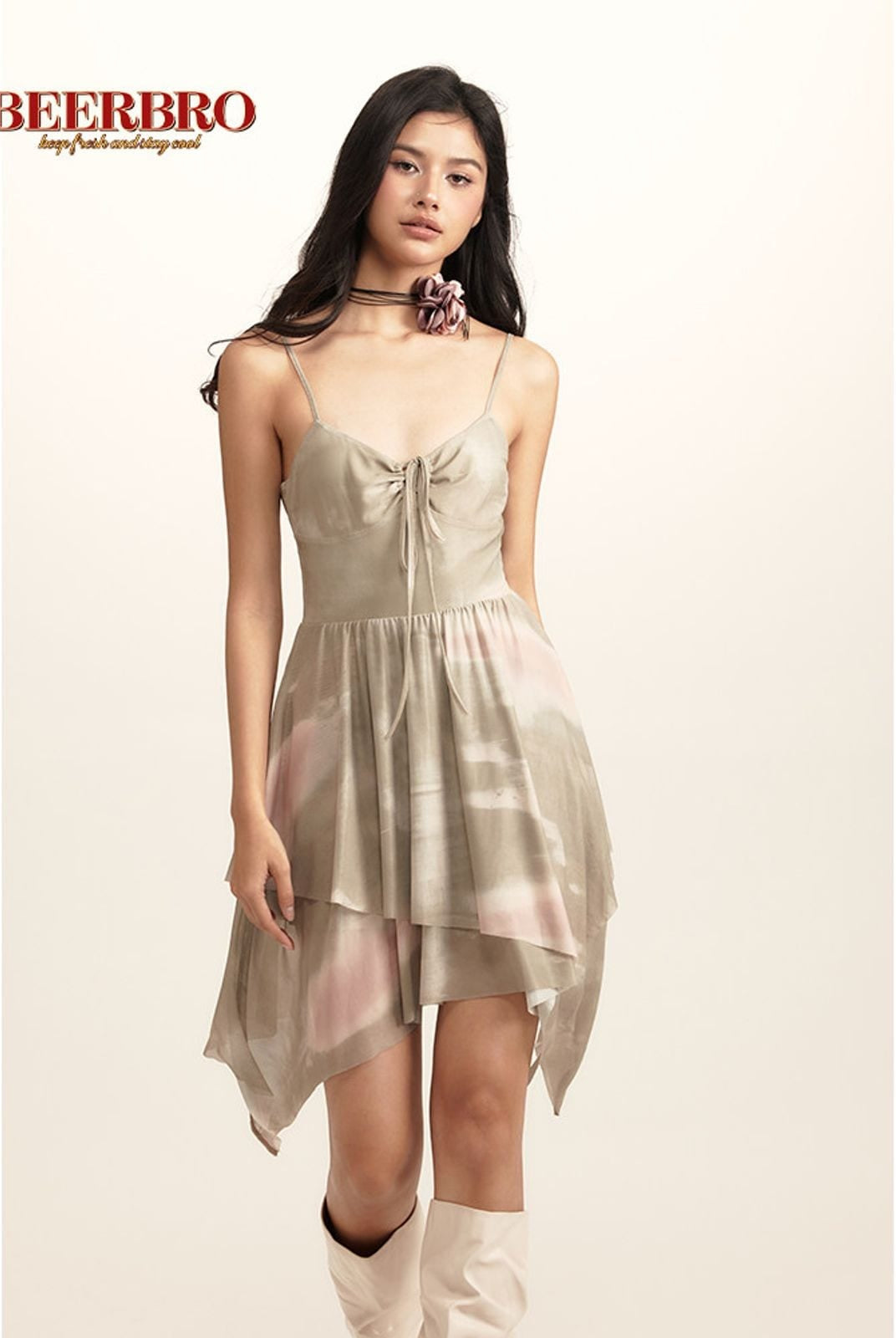 Beer Bro Tie Dye Mesh Ruched Cami Dress in Mint - On Model