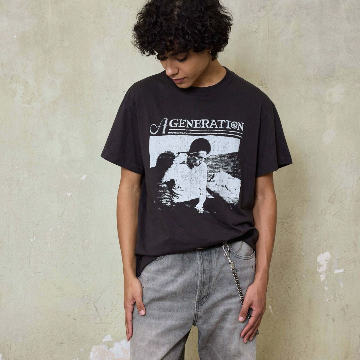 AFterTaste Cracked Portrait Single Stitch Tee in Black - On Model