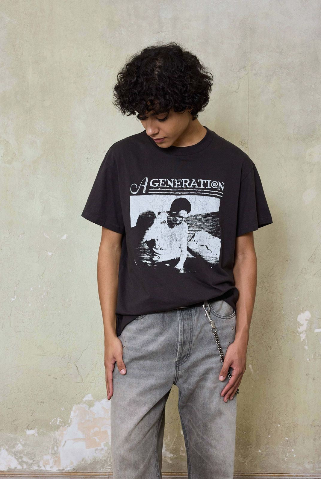 AFterTaste Cracked Portrait Single Stitch Tee in Black - On Model