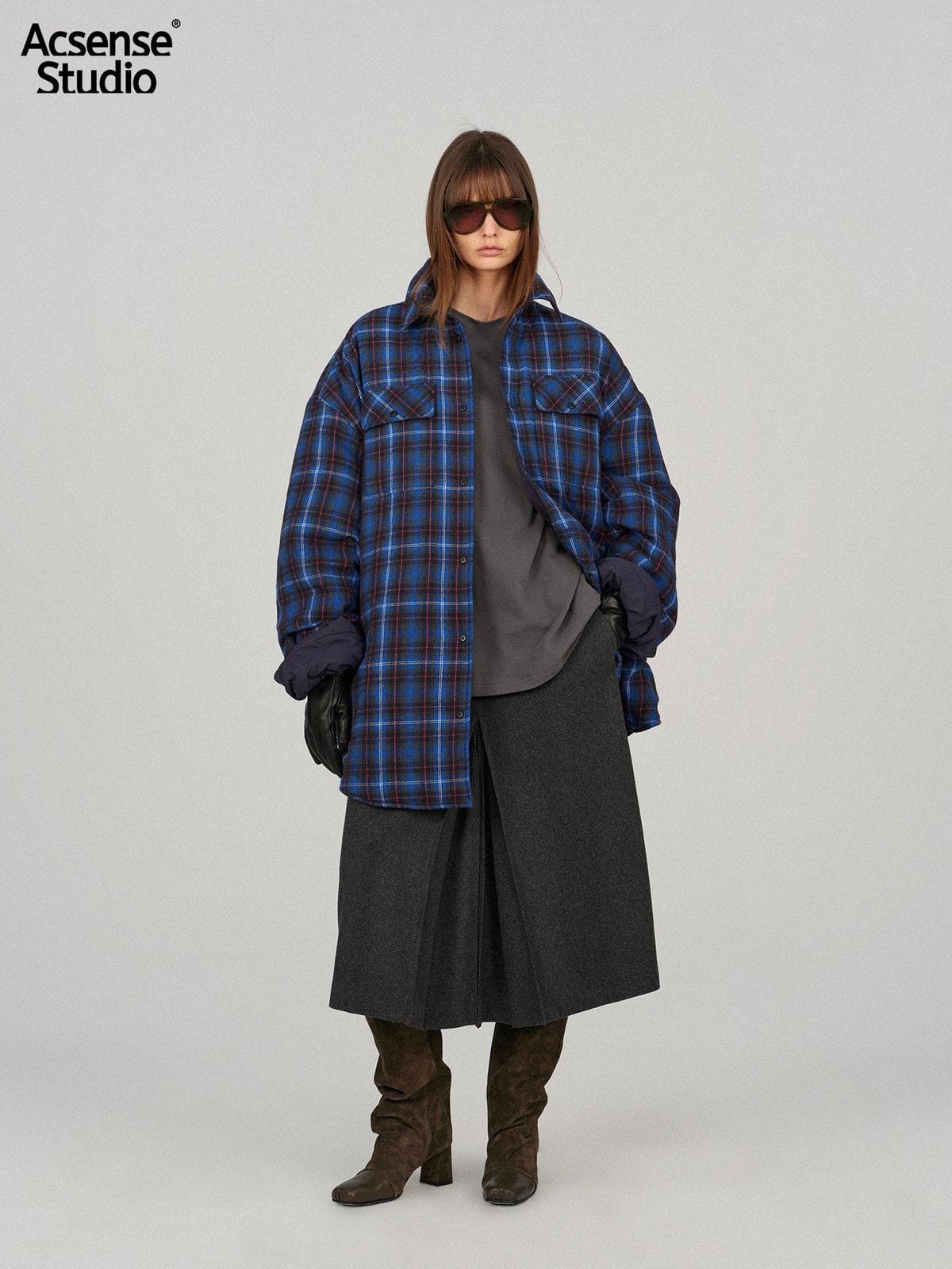 Acsense Studio Padded Plaid Shirt Jacket in Blue - On Female Model