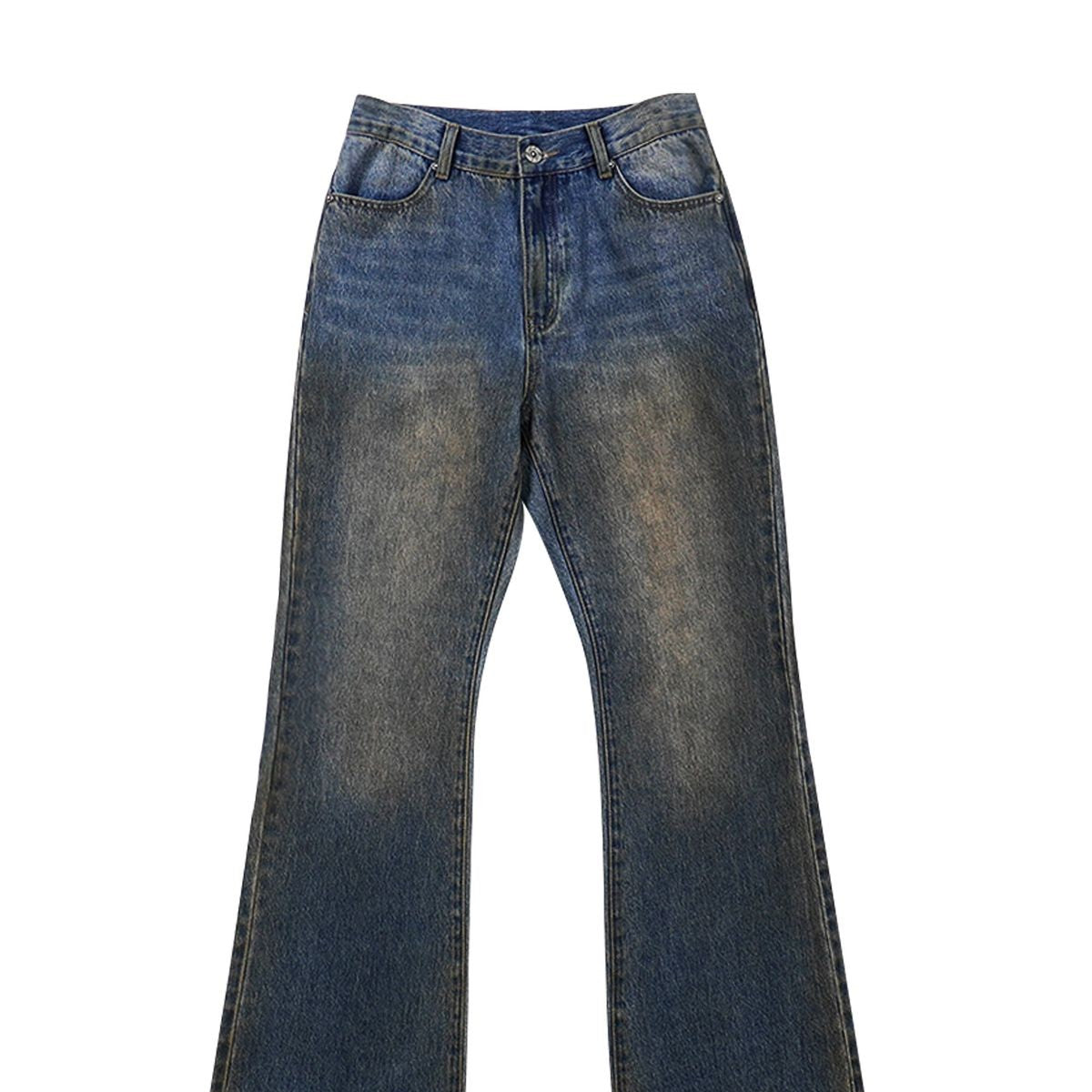 BLINDNOPLAN Mud Washed Distressed Micro Flare Jeans in Blue