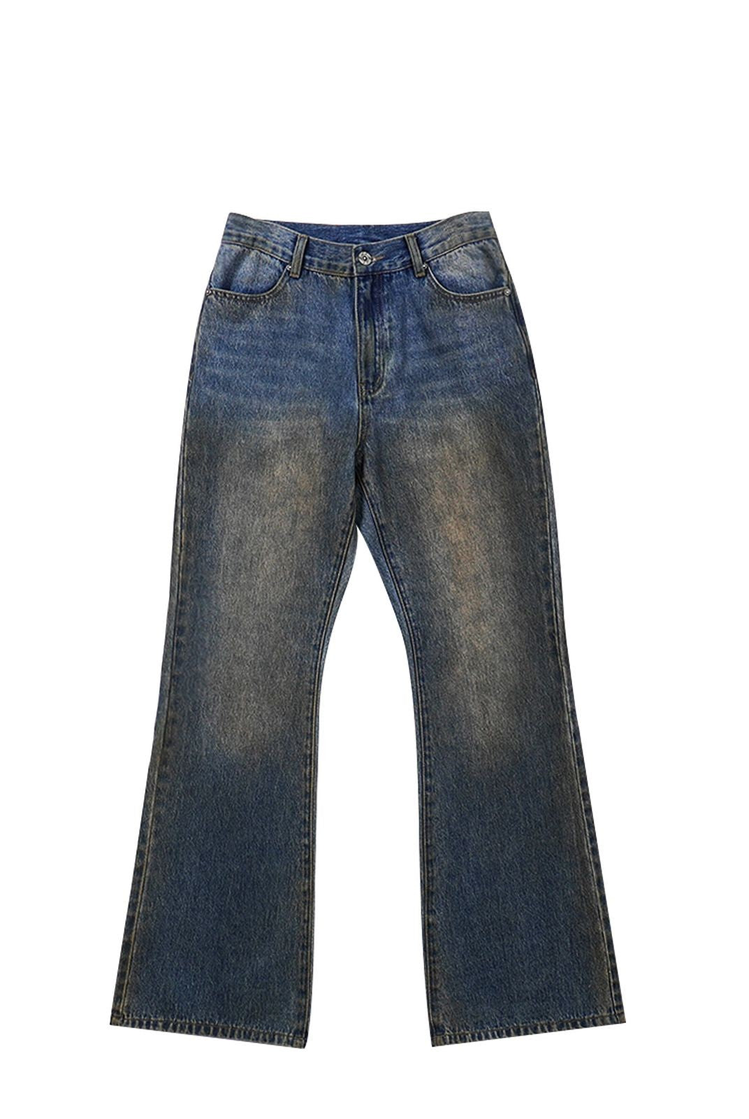 BLINDNOPLAN Mud Washed Distressed Micro Flare Jeans in Blue