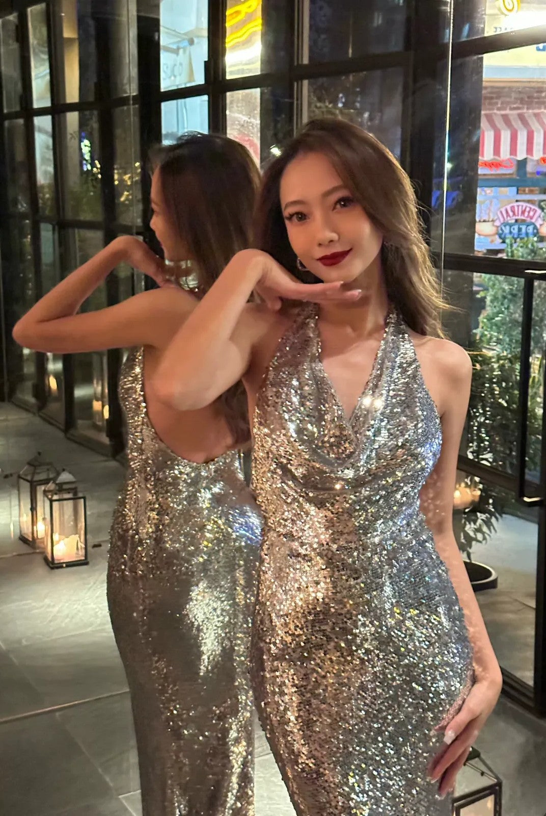 1S STUDIO Silver Sequin Cowl Neck Halter Dress in Silver - On Model