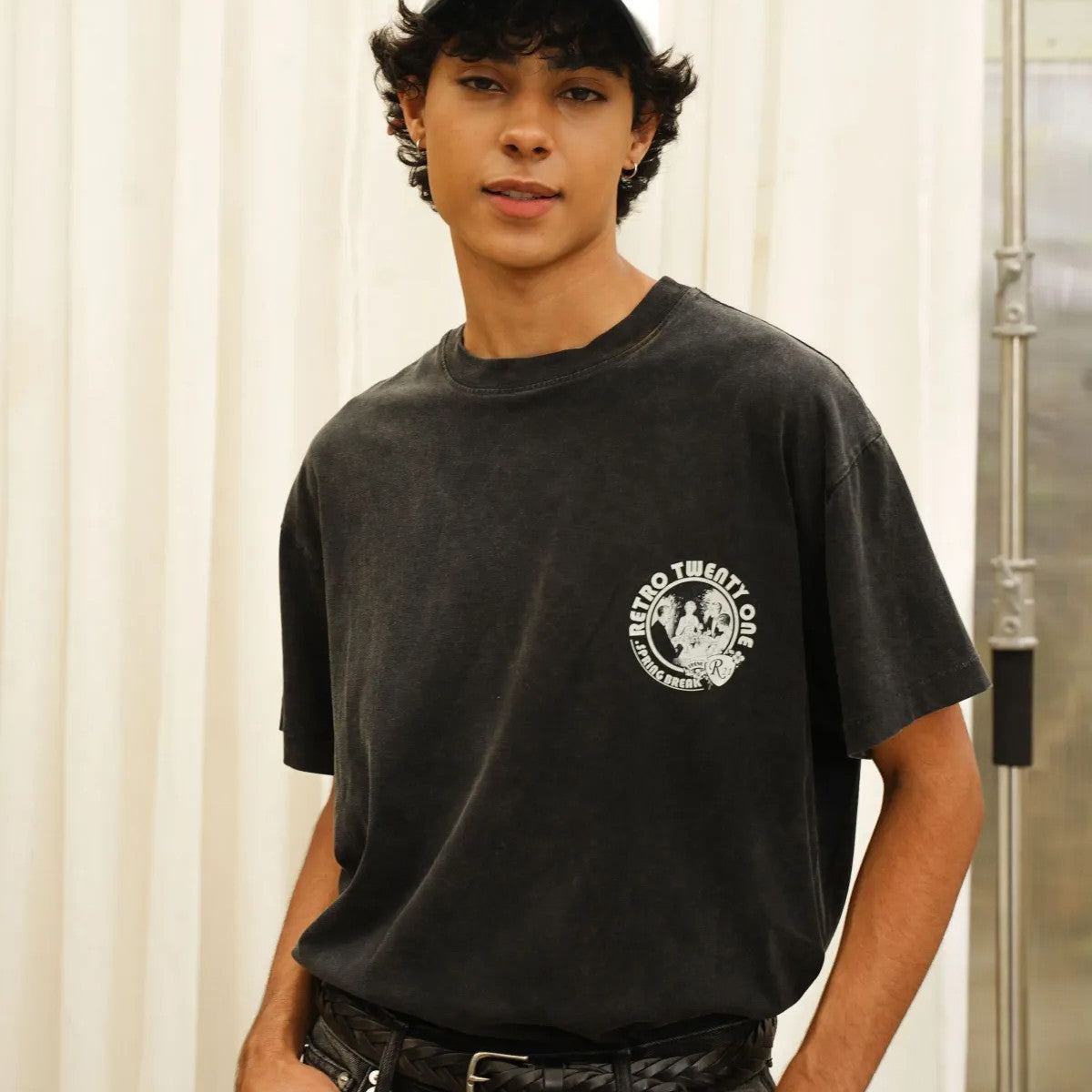 Retro 21 Garment Dyed Graphic Tee in Gray - On Model