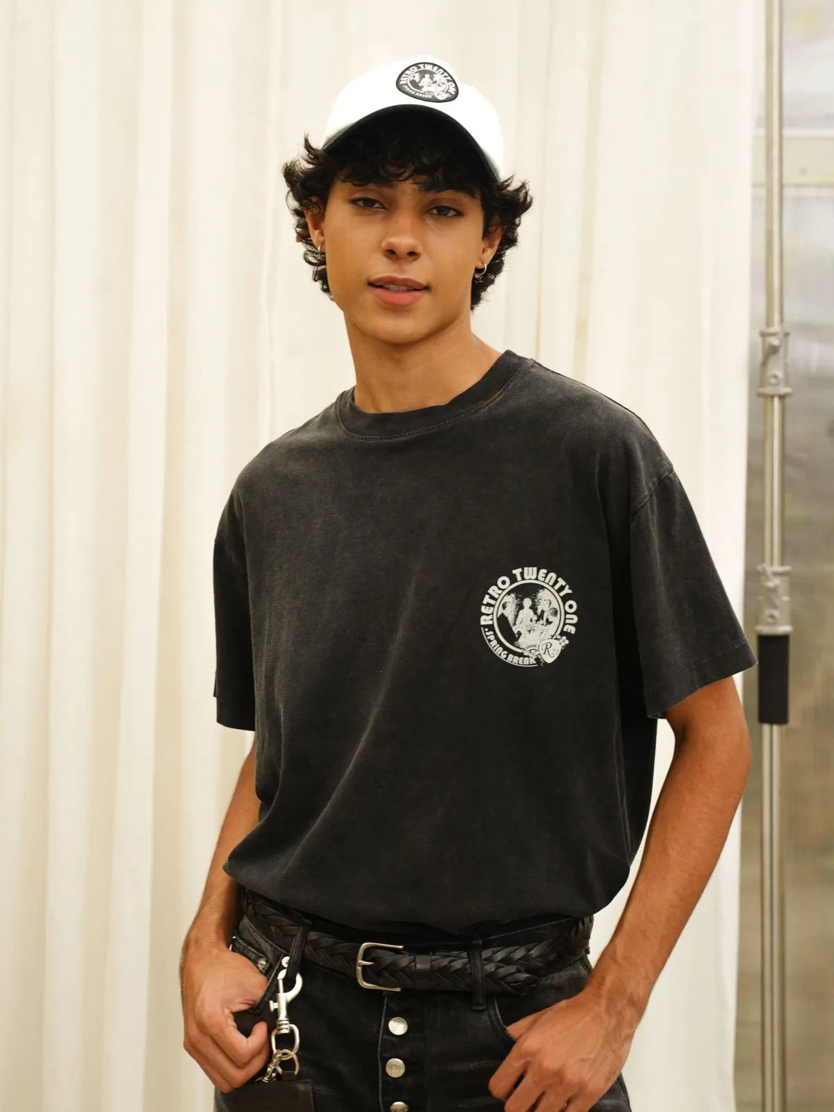 Retro 21 Garment Dyed Graphic Tee in Gray - On Model