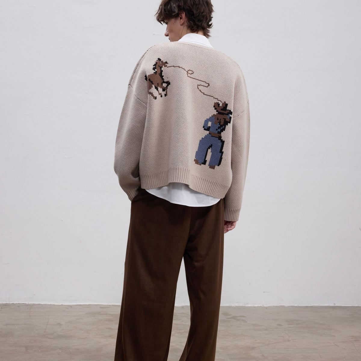 Aftertaste Cowboy Jacquard Cardigan in Beige - On Model