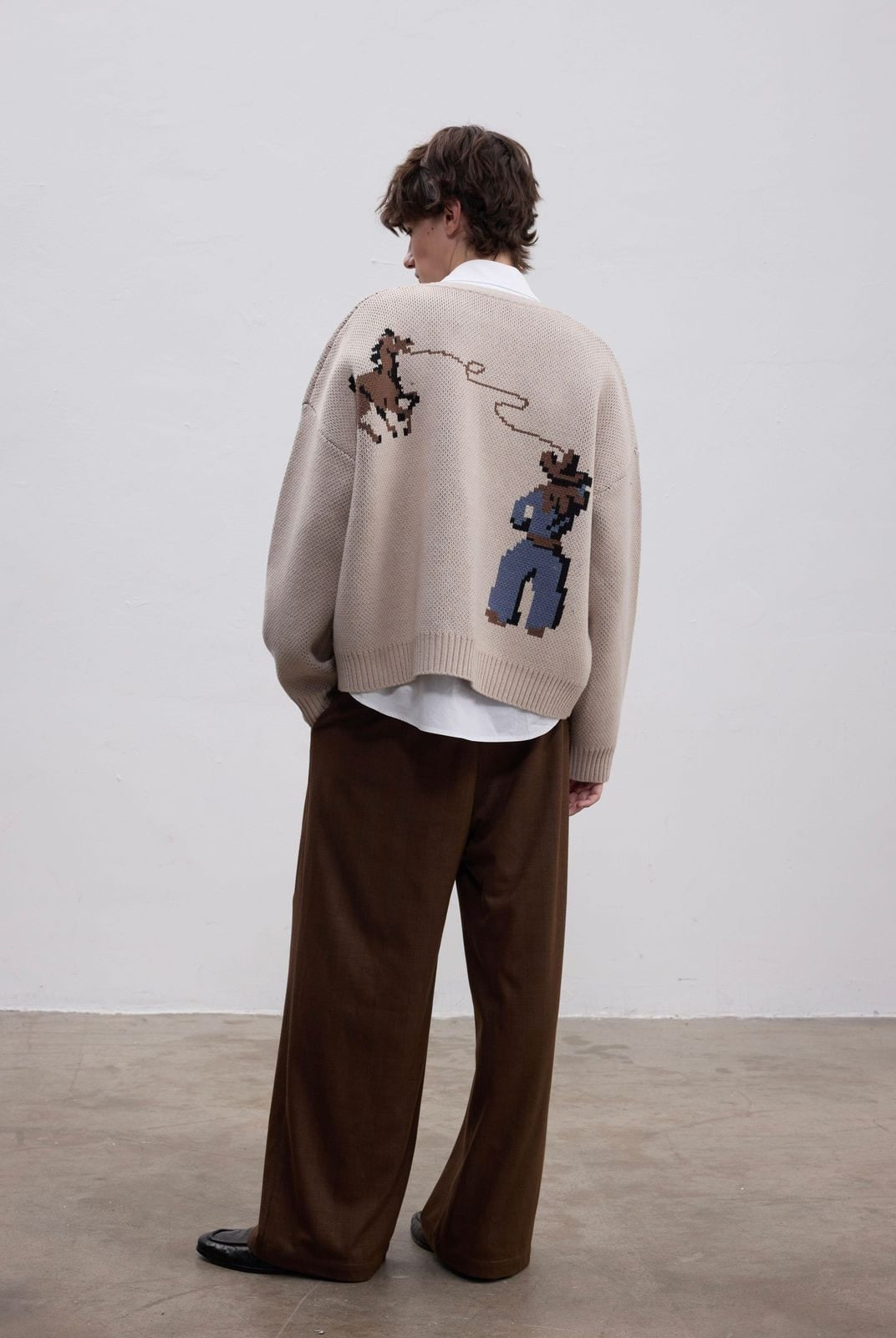 Aftertaste Cowboy Jacquard Cardigan in Beige - On Model