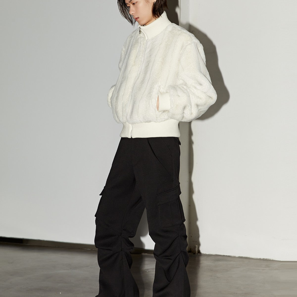Y OFFICIAL Short Faux Fur Jacket in White - On Model