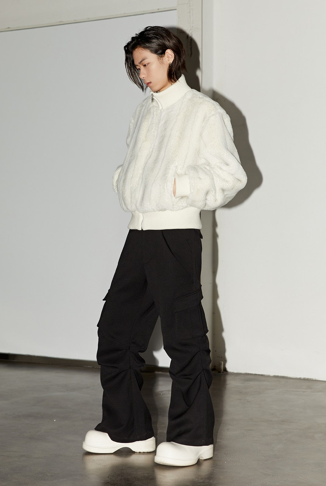 Y OFFICIAL Short Faux Fur Jacket in White - On Model