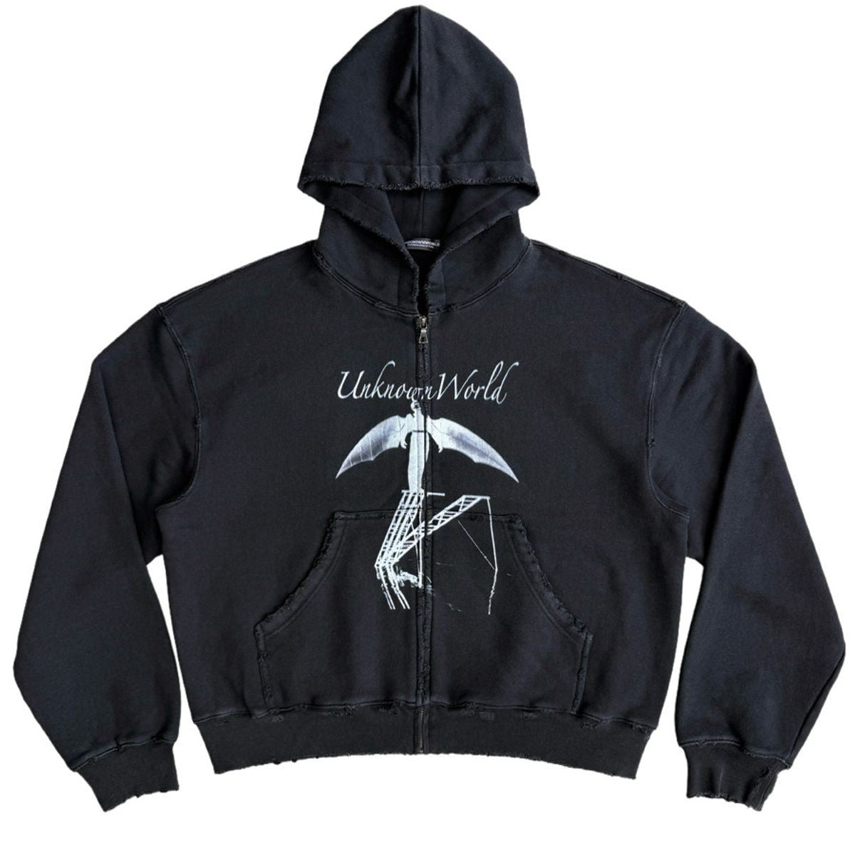 UNKNOWNWORLD Distressed Bat Print Zip Up Hoodie in Black