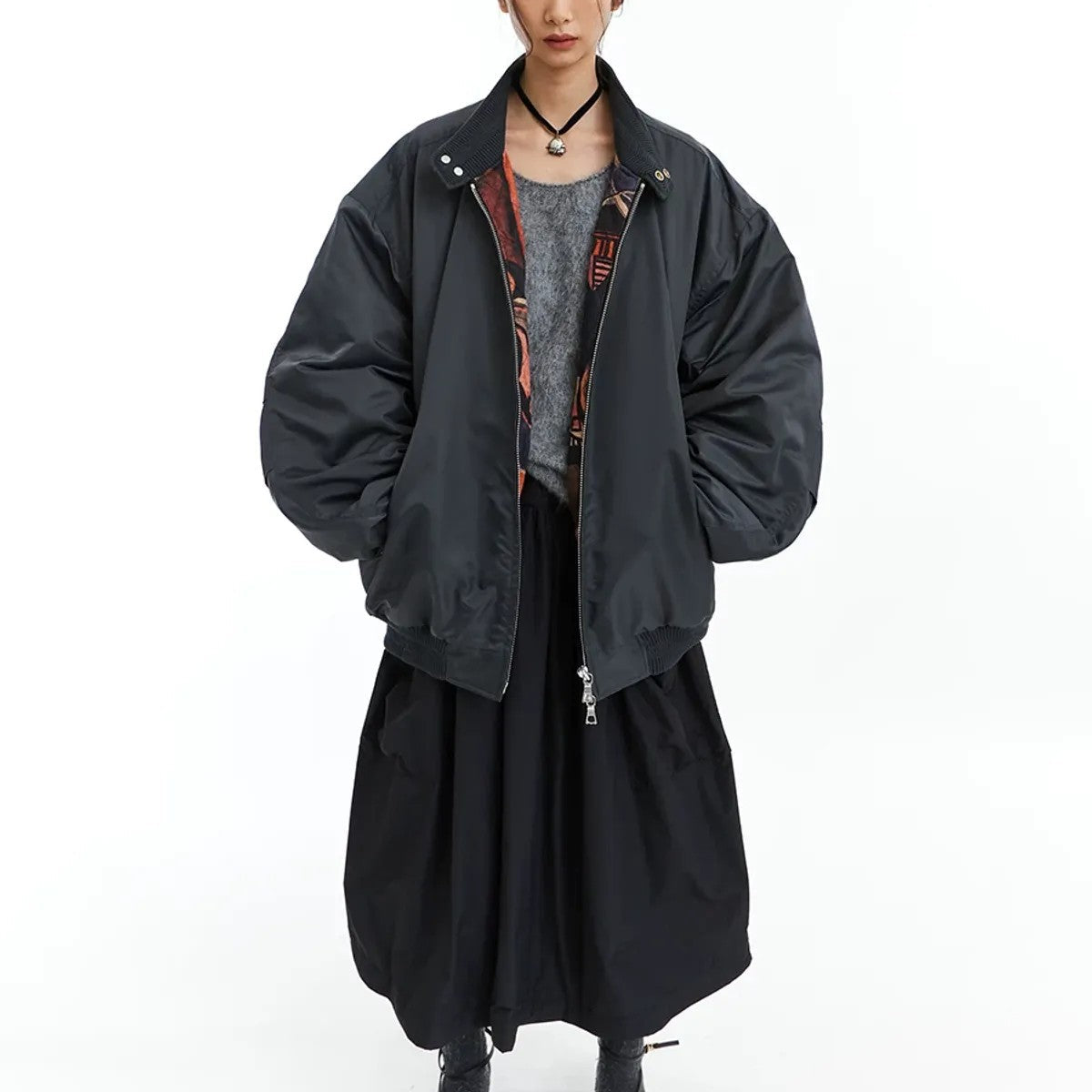 NeverSeez 3M Thinsulate Padded Bomber Jacket in Gray - On Female Model