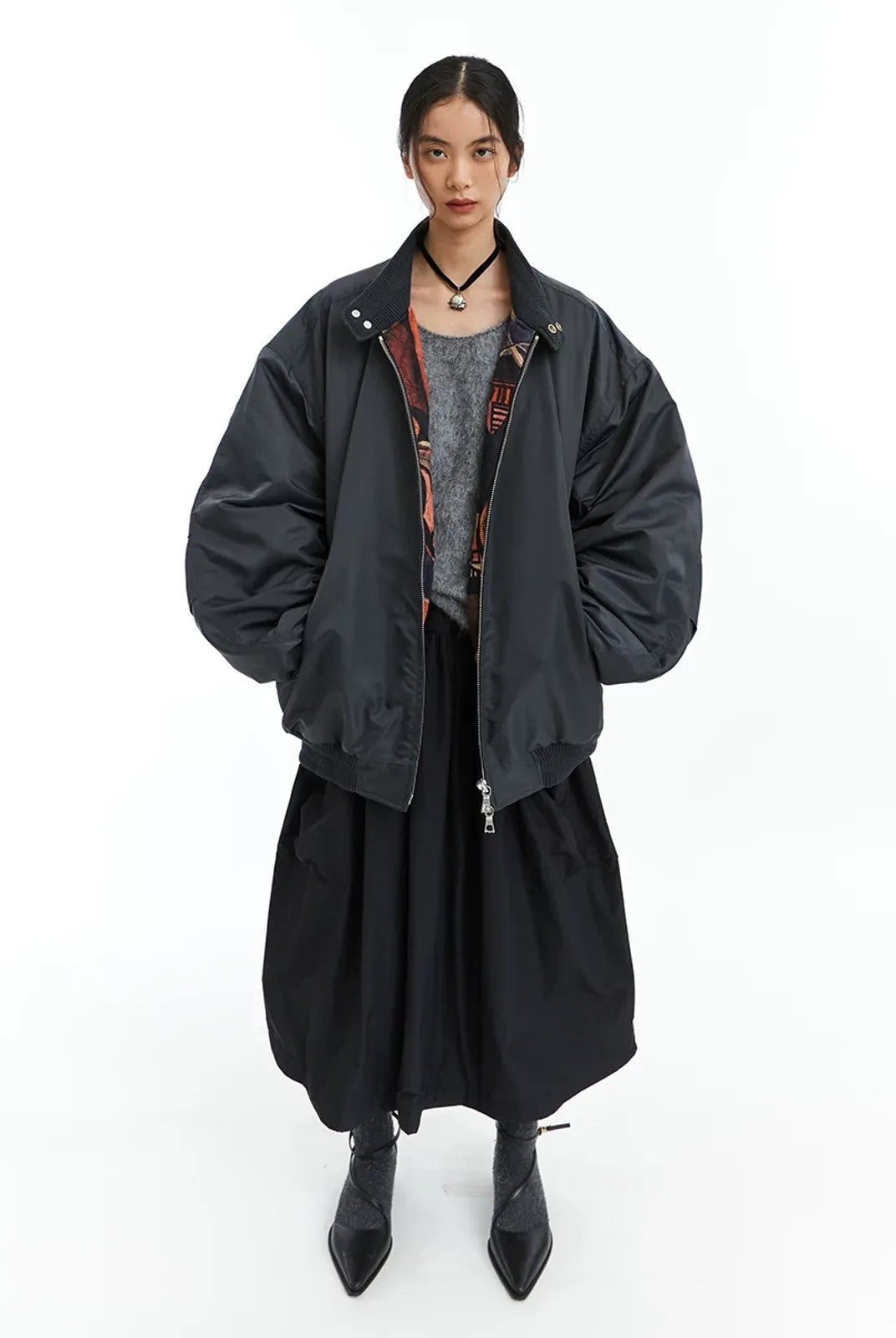 NeverSeez 3M Thinsulate Padded Bomber Jacket in Gray - On Female Model