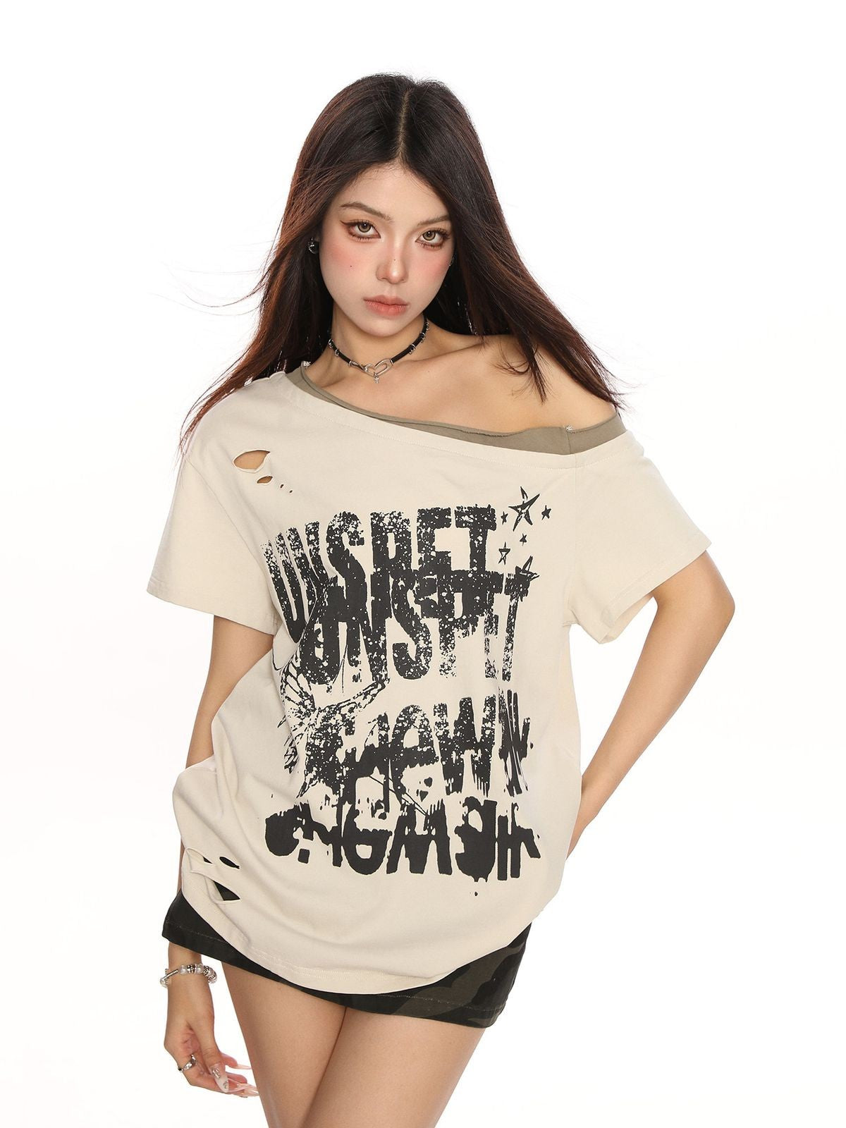 BIGGOLD STUDIO Distressed Graffiti Off Shoulder Tee in Cream - On Model #color_cream