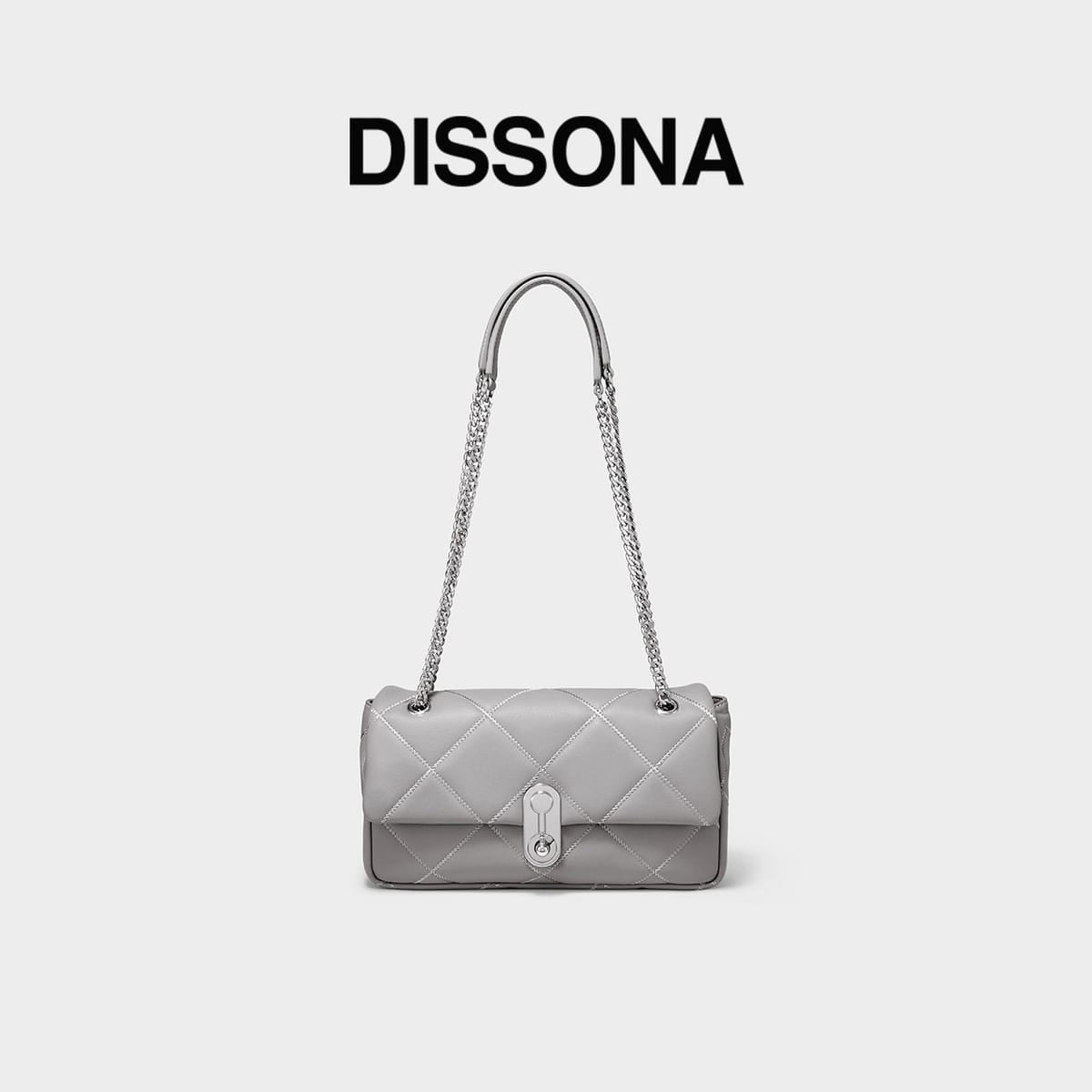 DISSONA Quilted Leather Chain Shoulder Bag in Gray