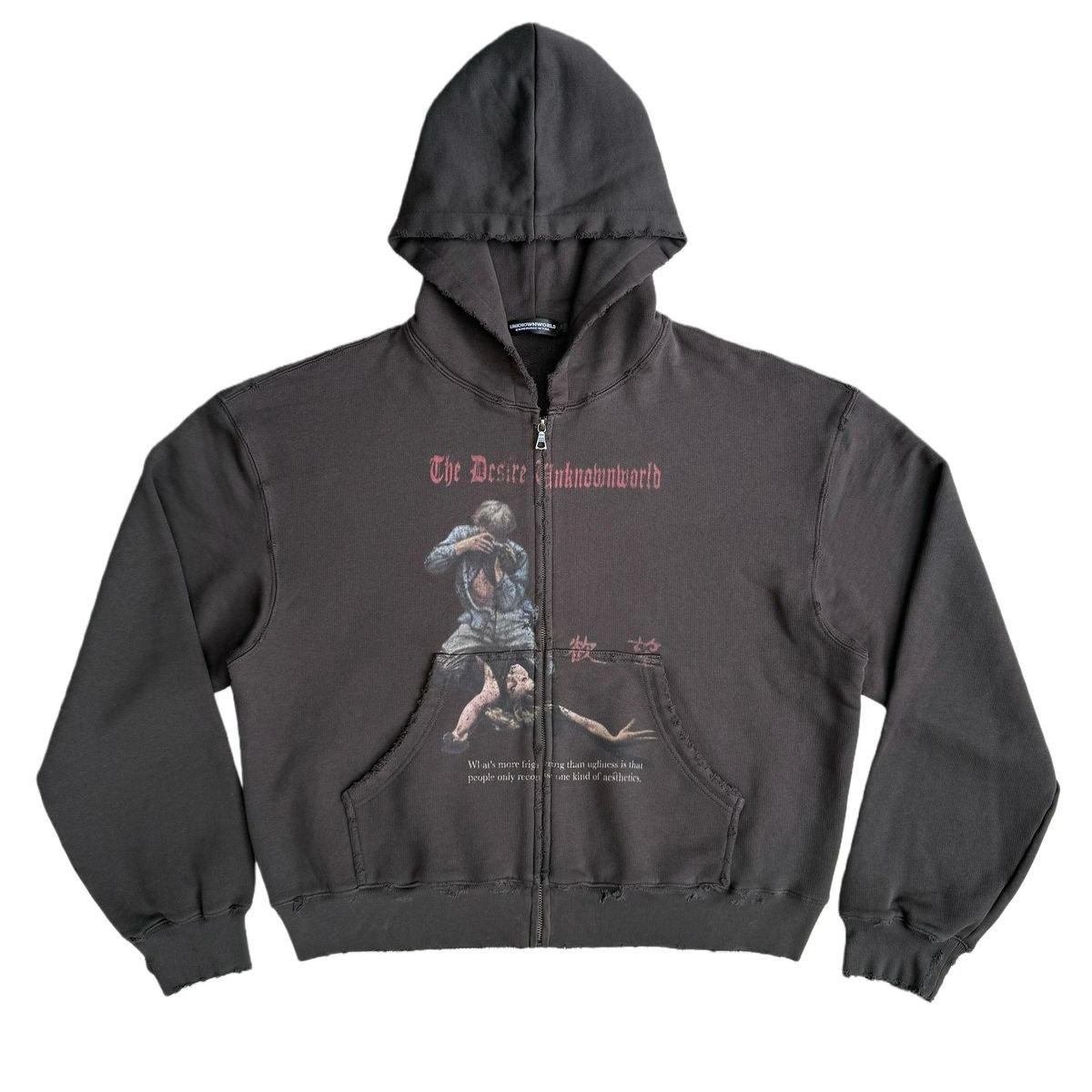 UNKNOWNWORLD Distressed Graphic Zip Up Hoodie in Gray