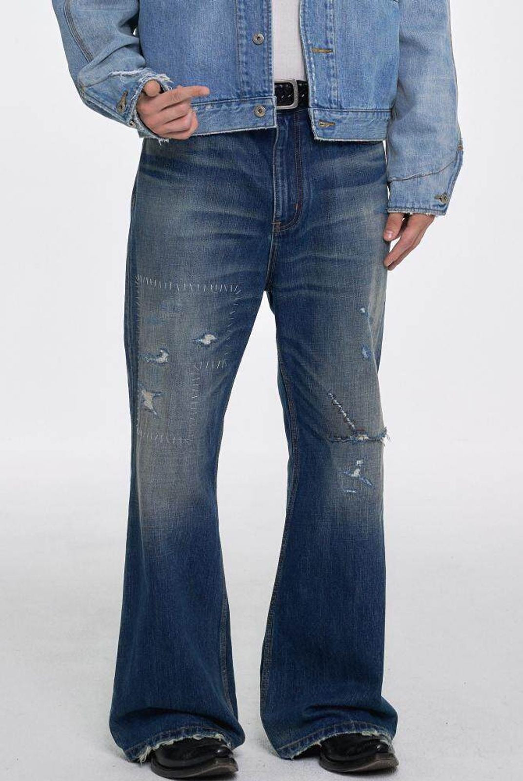 AFterTaste Hand Stitched Micro Flare Jeans in Blue - On Model