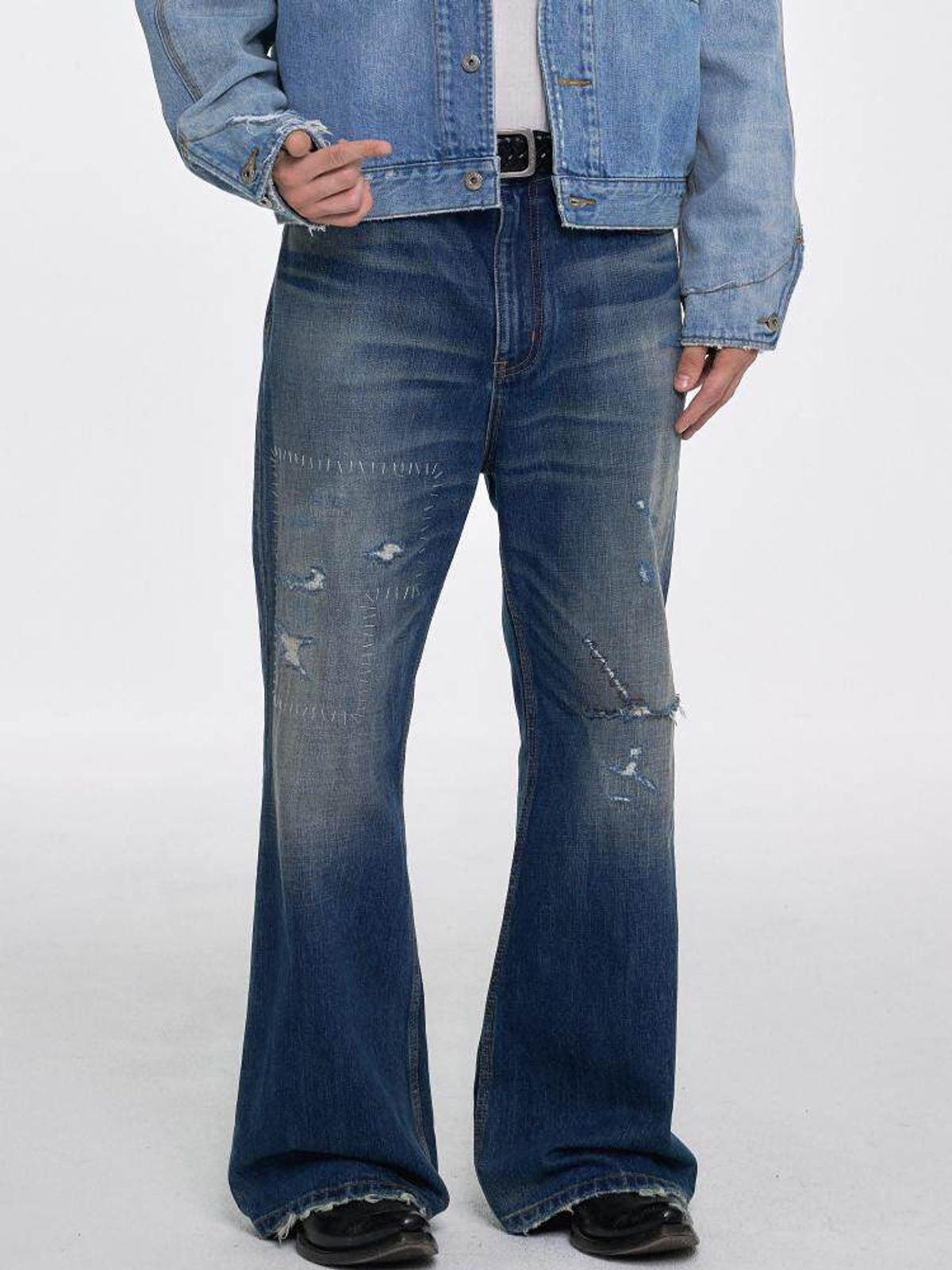 AFterTaste Hand Stitched Micro Flare Jeans in Blue - On Model