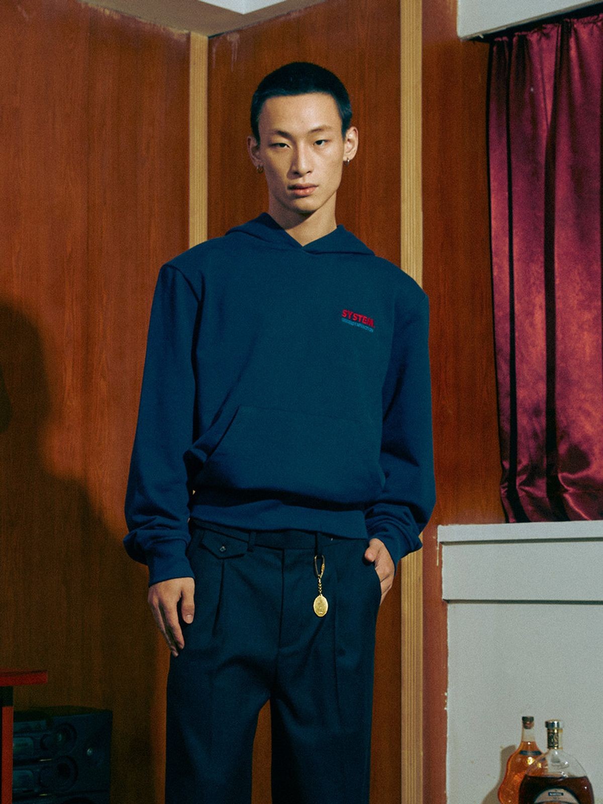 SOD Embroidered Padded Shoulder Hoodie in Blue - On Model