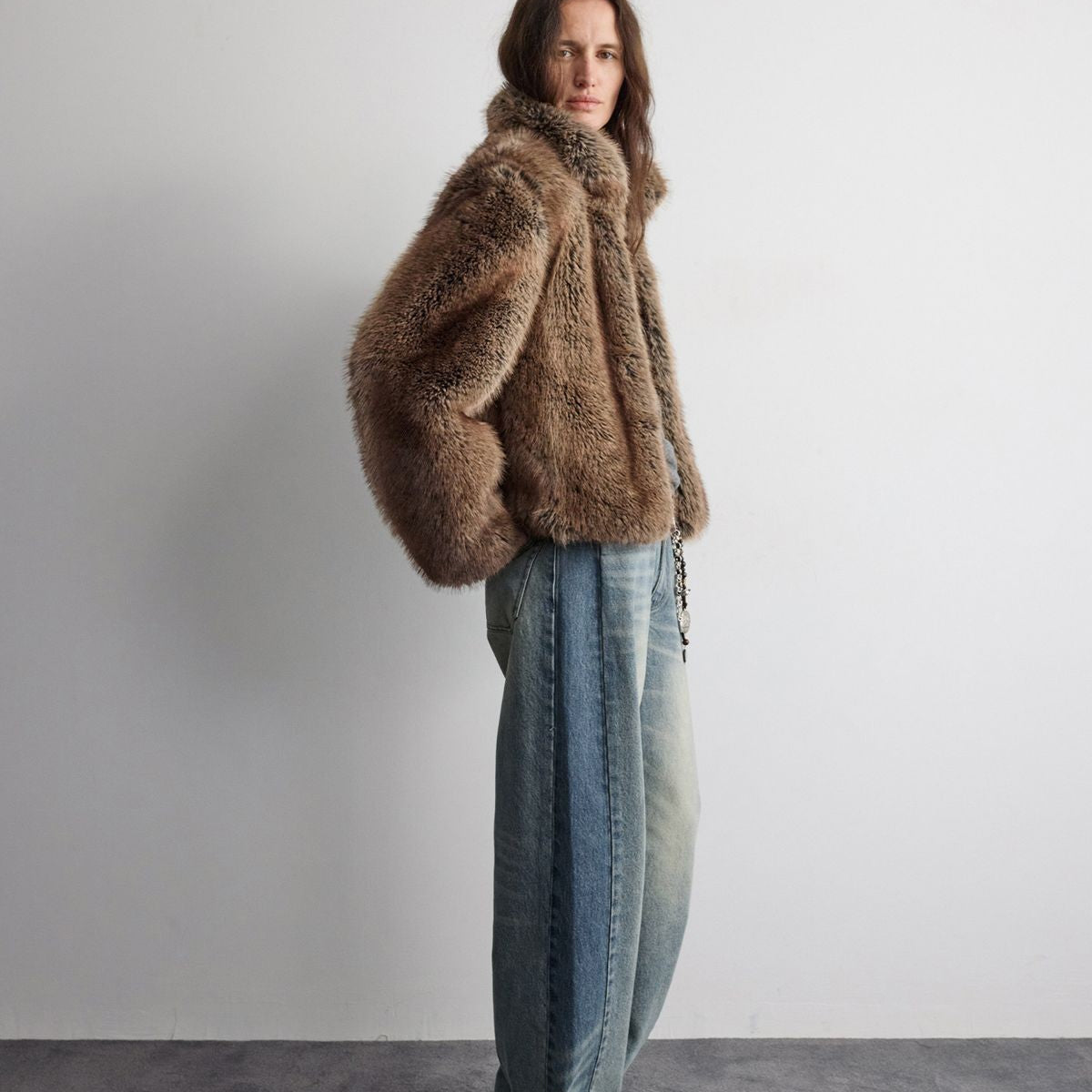 RandomPiece Contrast Panel Loose Jeans in Light Blue - On Model