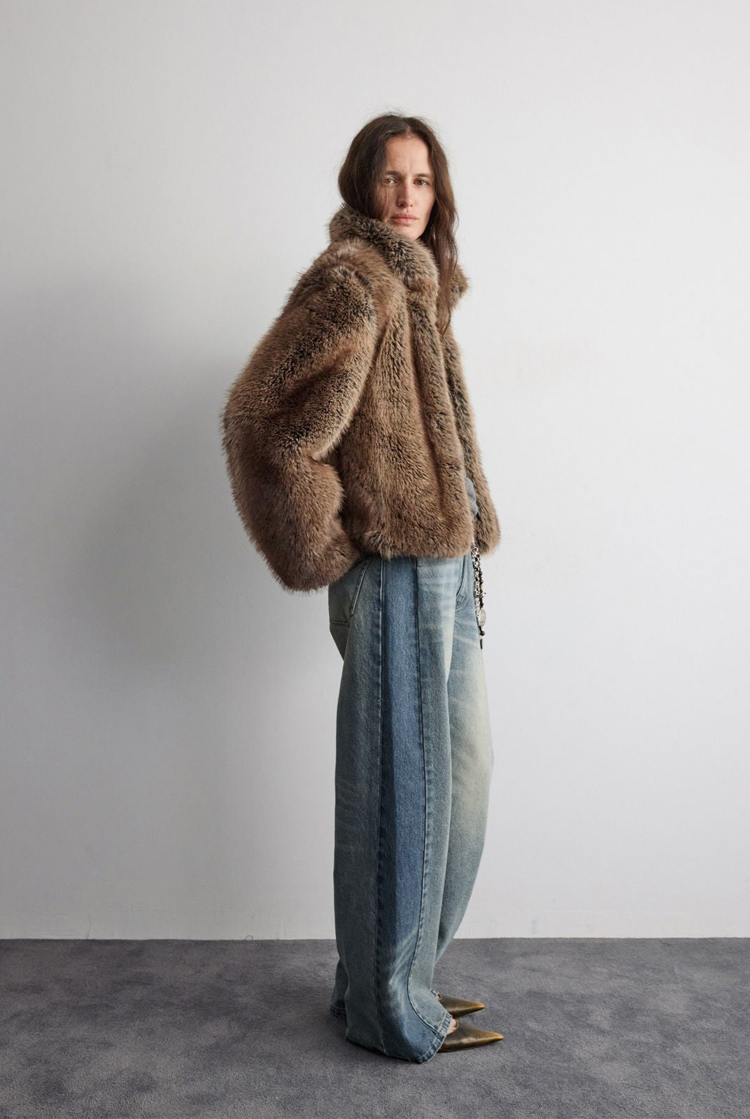 RandomPiece Contrast Panel Loose Jeans in Light Blue - On Model