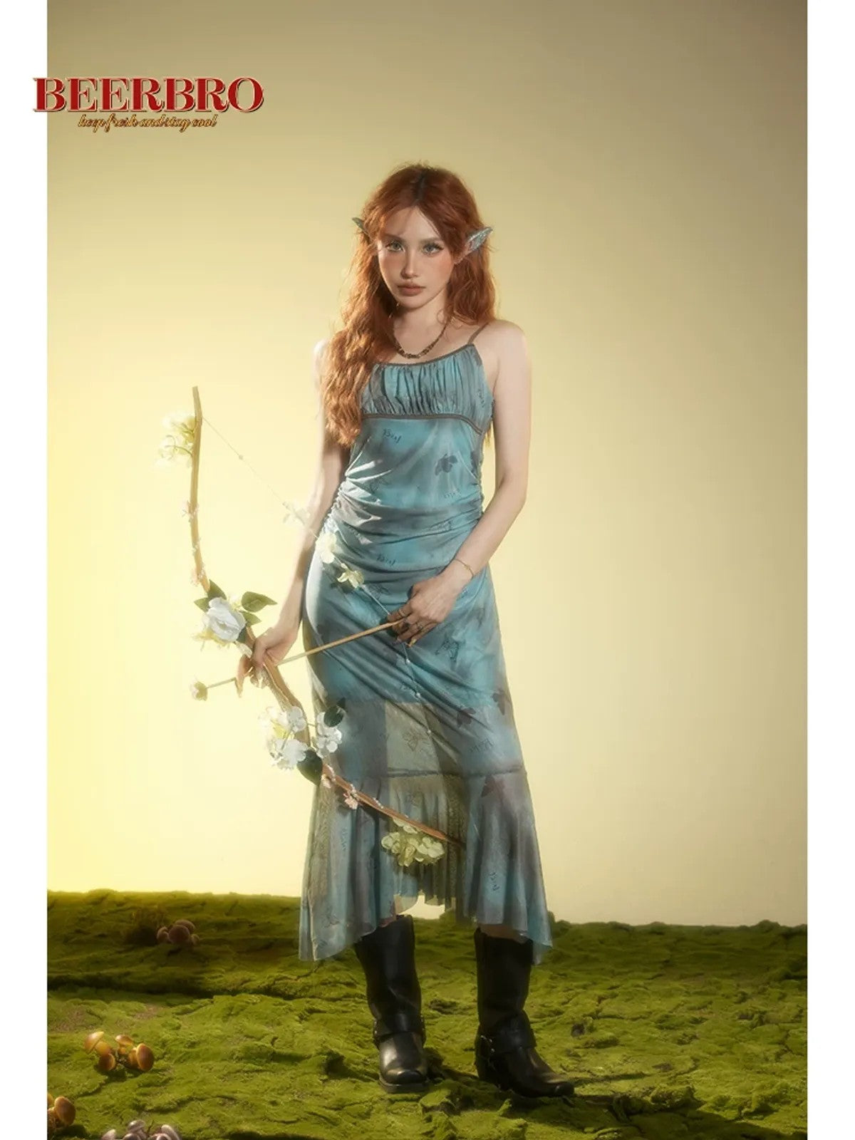 BeerBro Butterfly Print Mesh Cami Dress in Teal