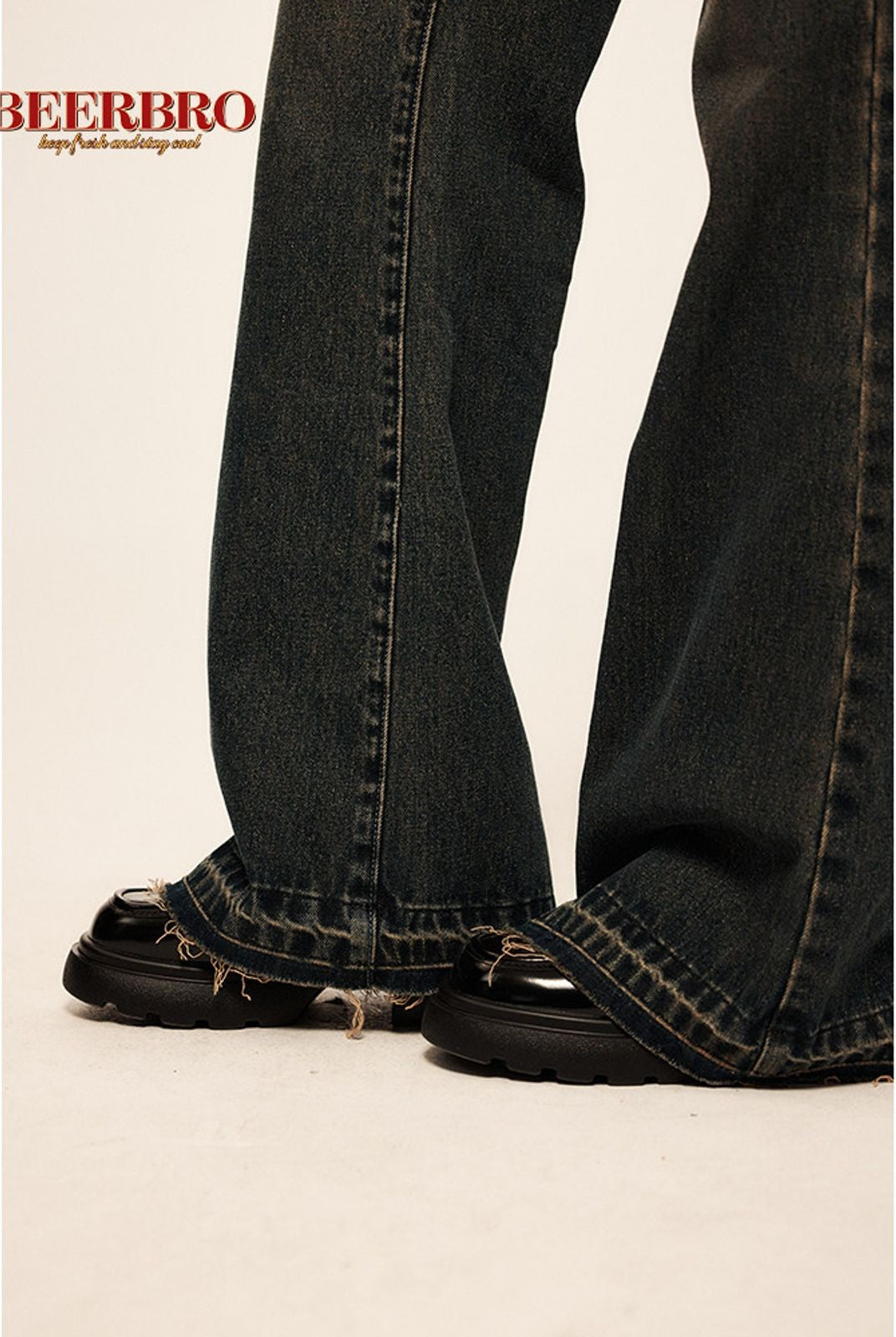 BeerBro Low Rise Raw Hem Micro Flare Jeans in Navy Blue
