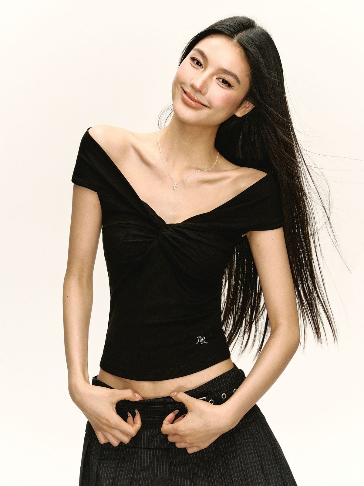 Ariseism Twisted Off Shoulder Top in Black - On Model