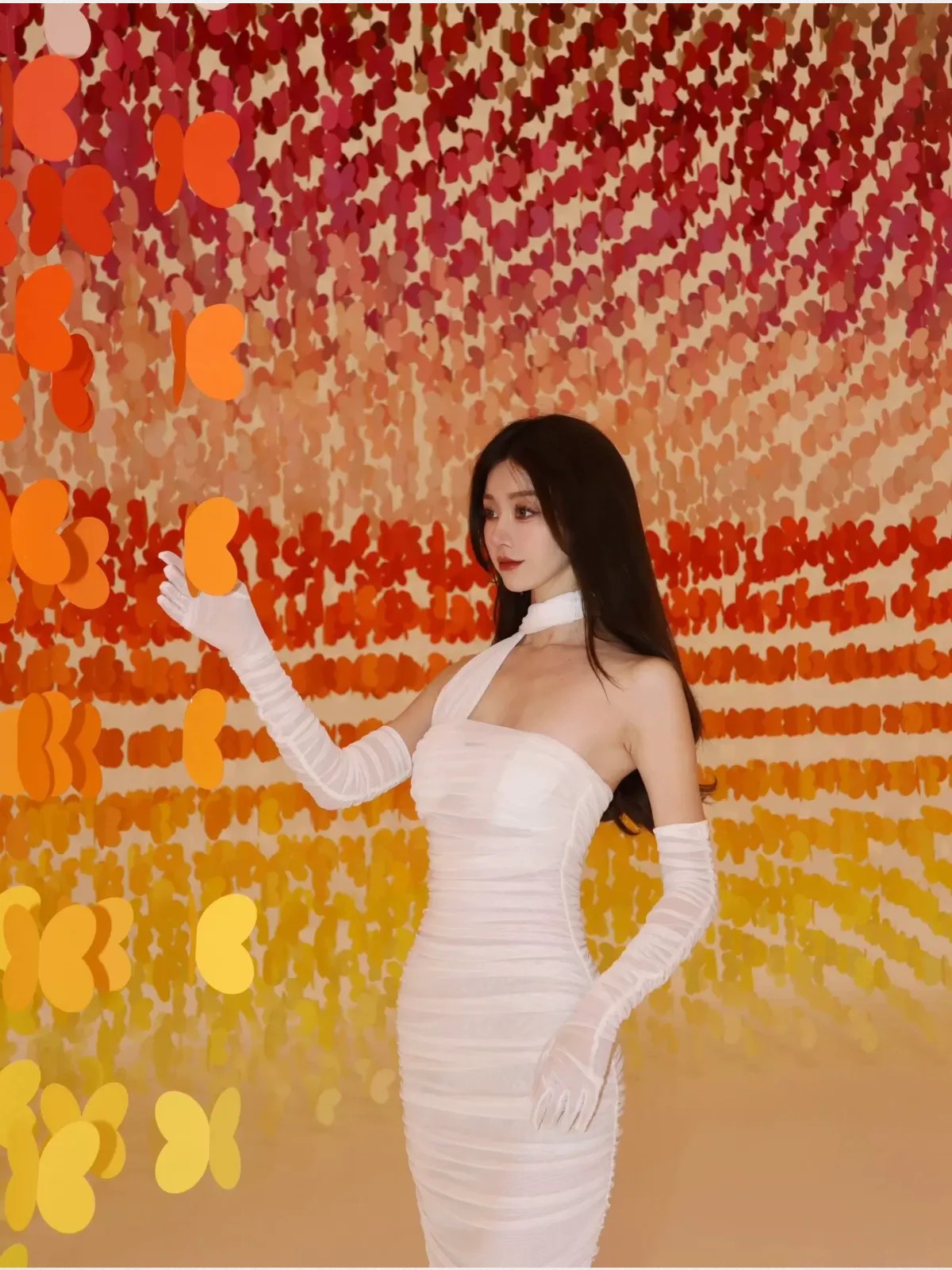 1S STUDIO Ruched Mesh Strapless Dress Set in White - On Model