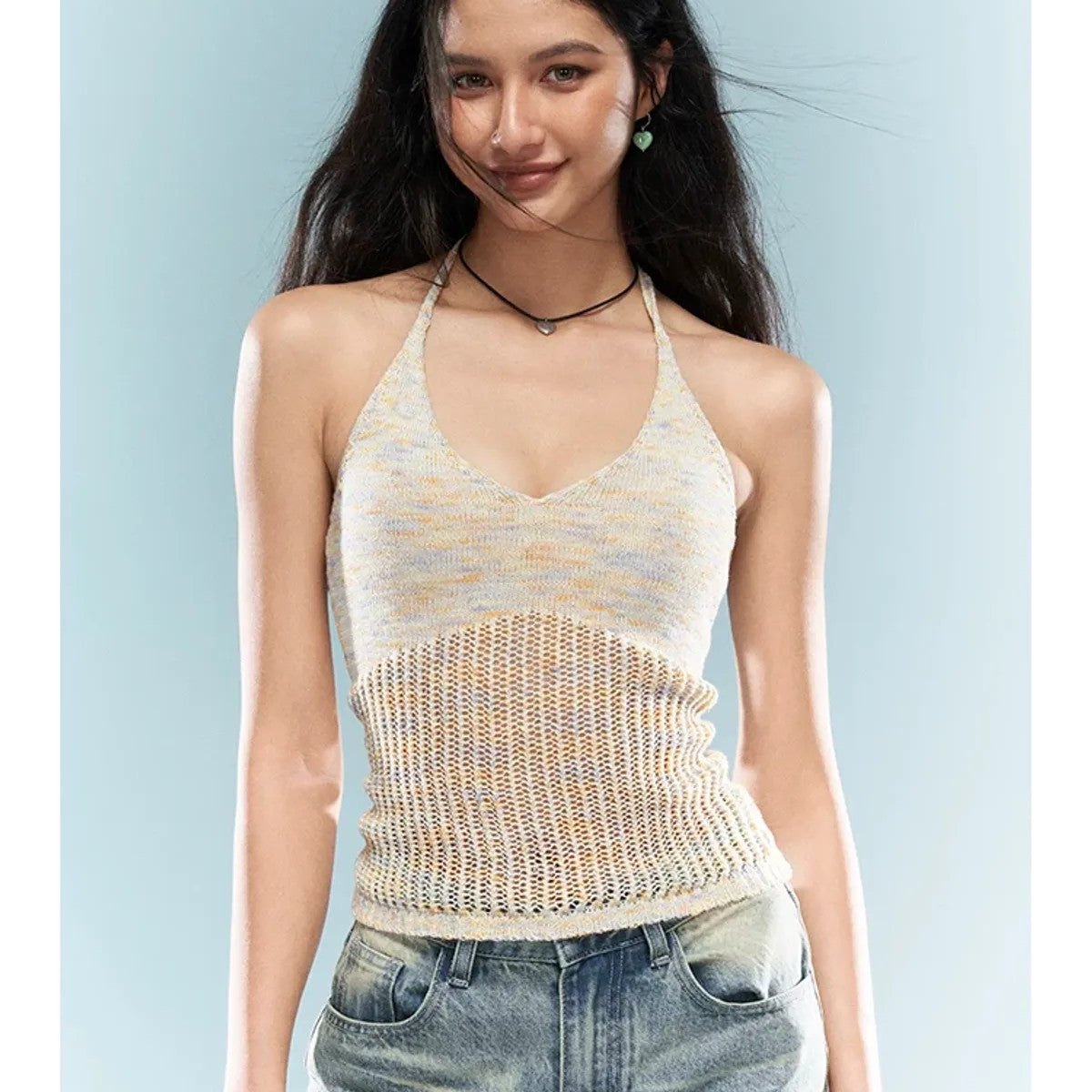 BeerBro Hollow Out Knit Halter Top in Beige