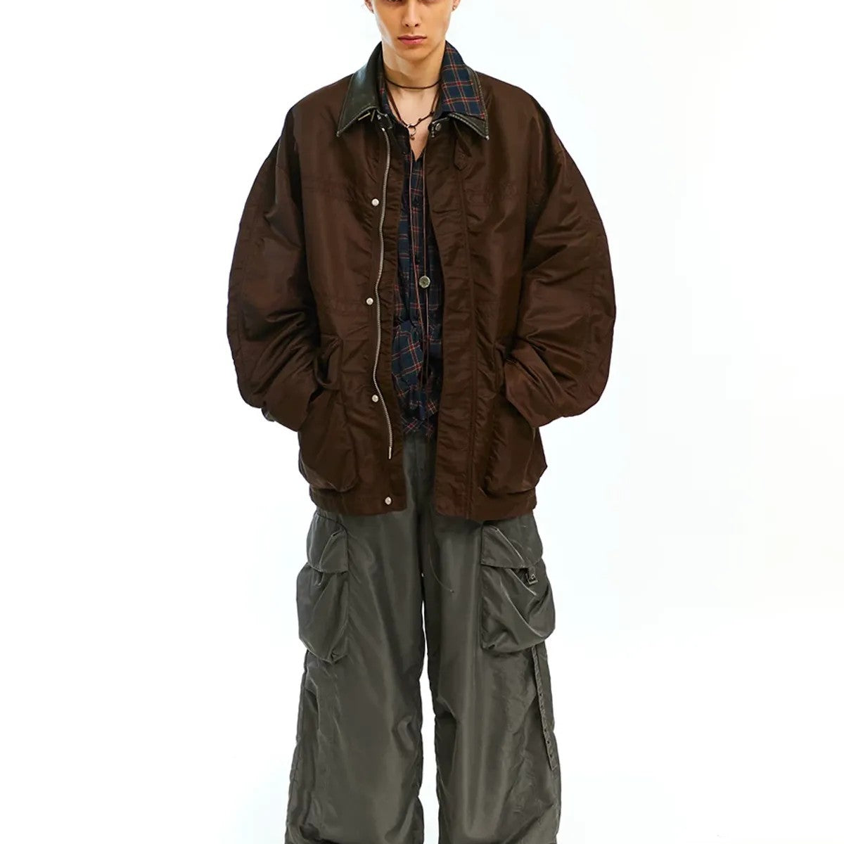 NeverSeez Vintage Wash Nylon Barn Jacket in Brown - On Model