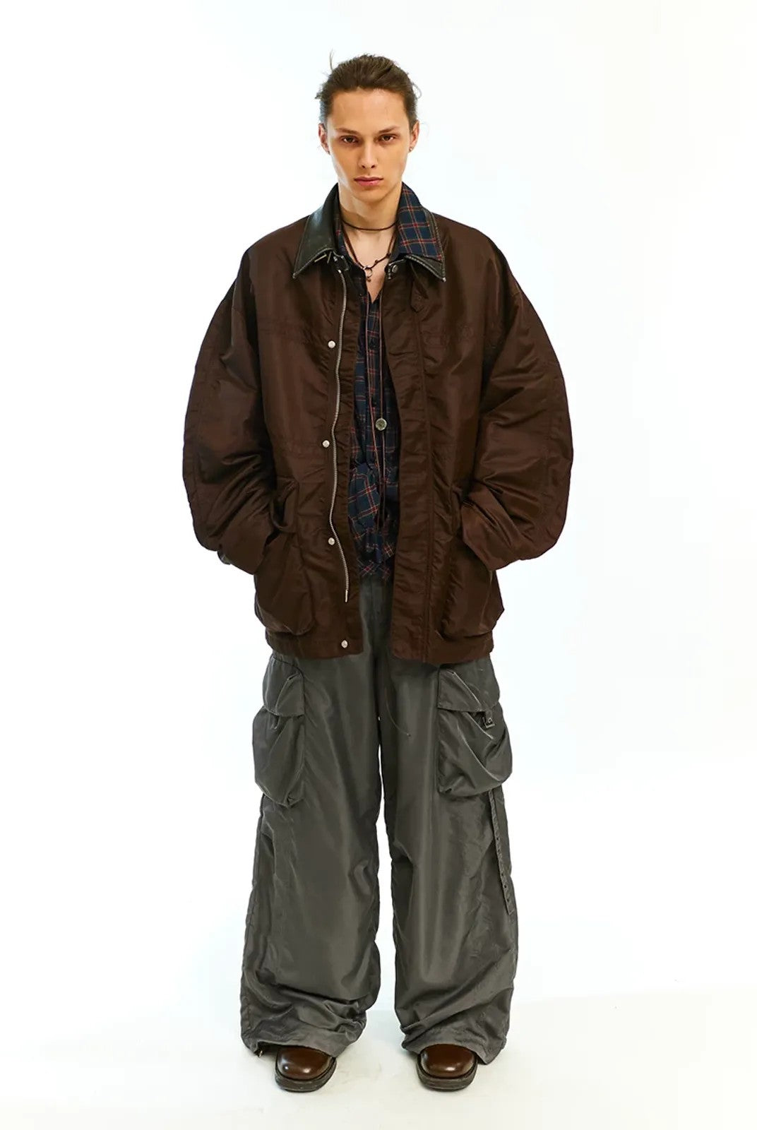 NeverSeez Vintage Wash Nylon Barn Jacket in Brown - On Model