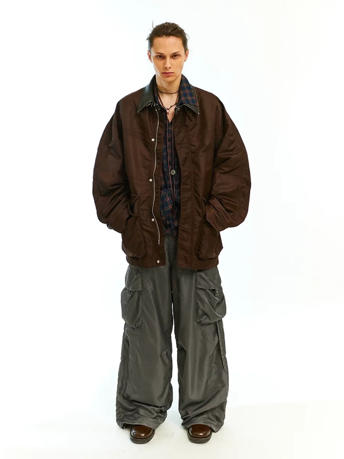 NeverSeez Vintage Wash Nylon Barn Jacket in Brown - On Male Model