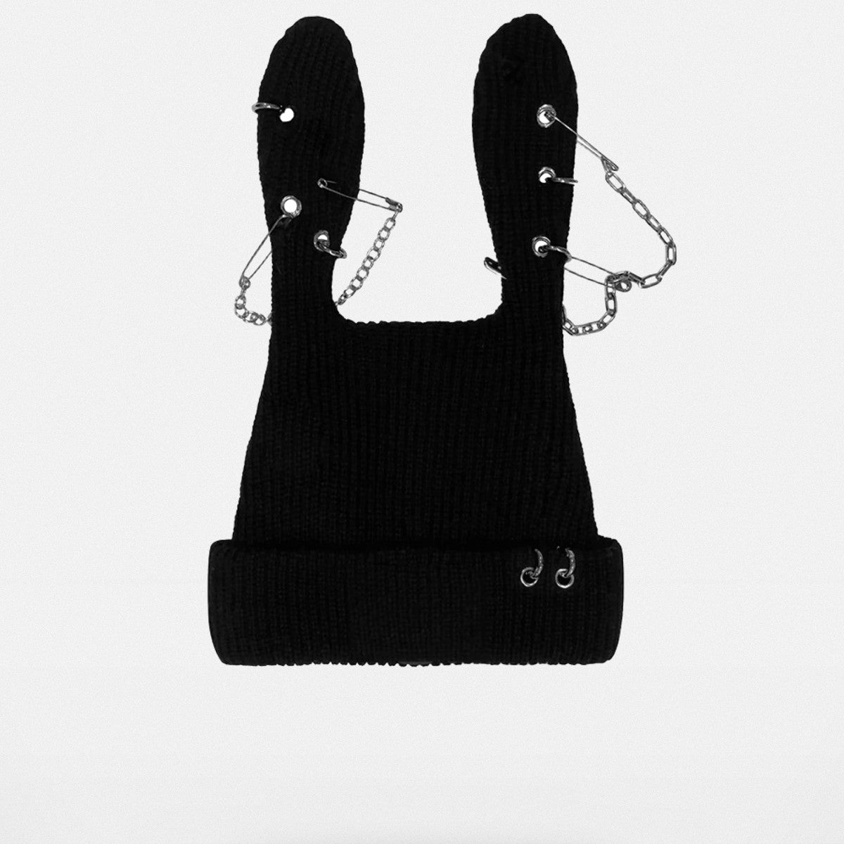 CFIERCE Safety Pin Ribbed Bunny Beanie in Black
