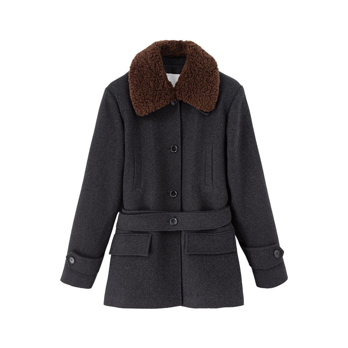 ACSENSE STUDIO Faux Fur Collar Wool Blend Coat in Gray