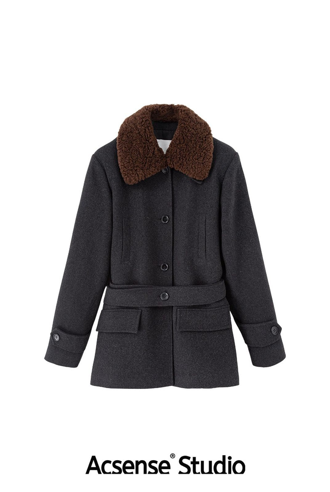 ACSENSE STUDIO Faux Fur Collar Wool Blend Coat in Gray