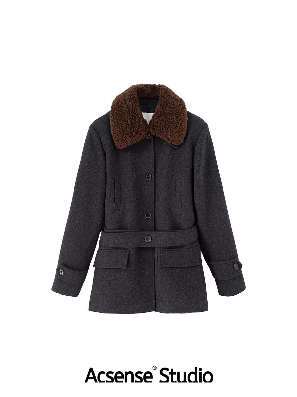 ACSENSE STUDIO Faux Fur Collar Wool Blend Coat in Gray