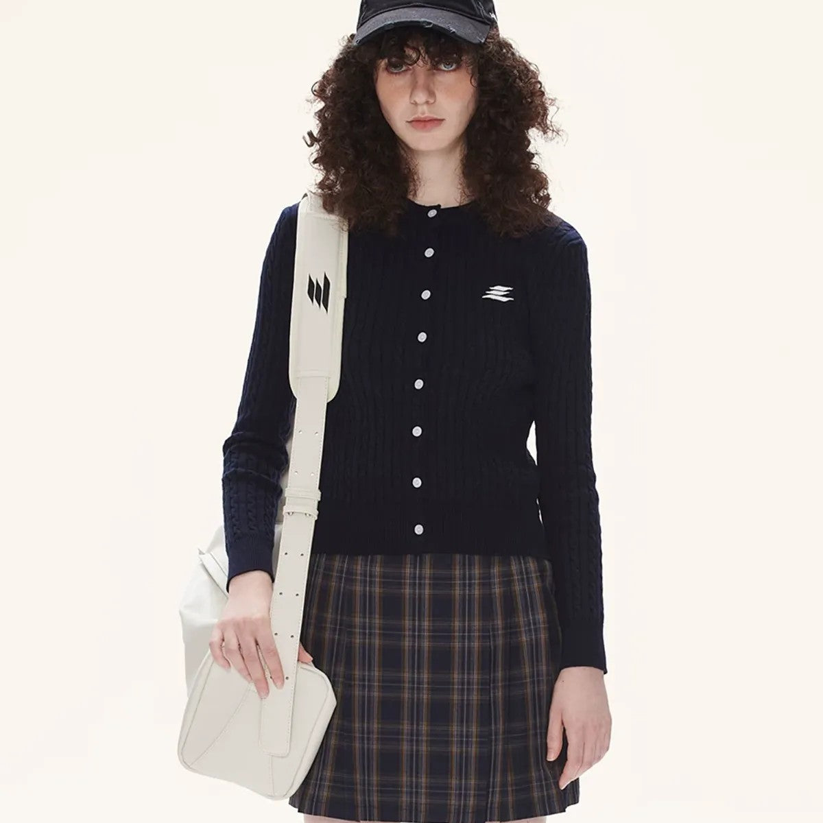 LOSTCTRL Cropped Cable Knit Cotton Cardigan in Blue - On Model