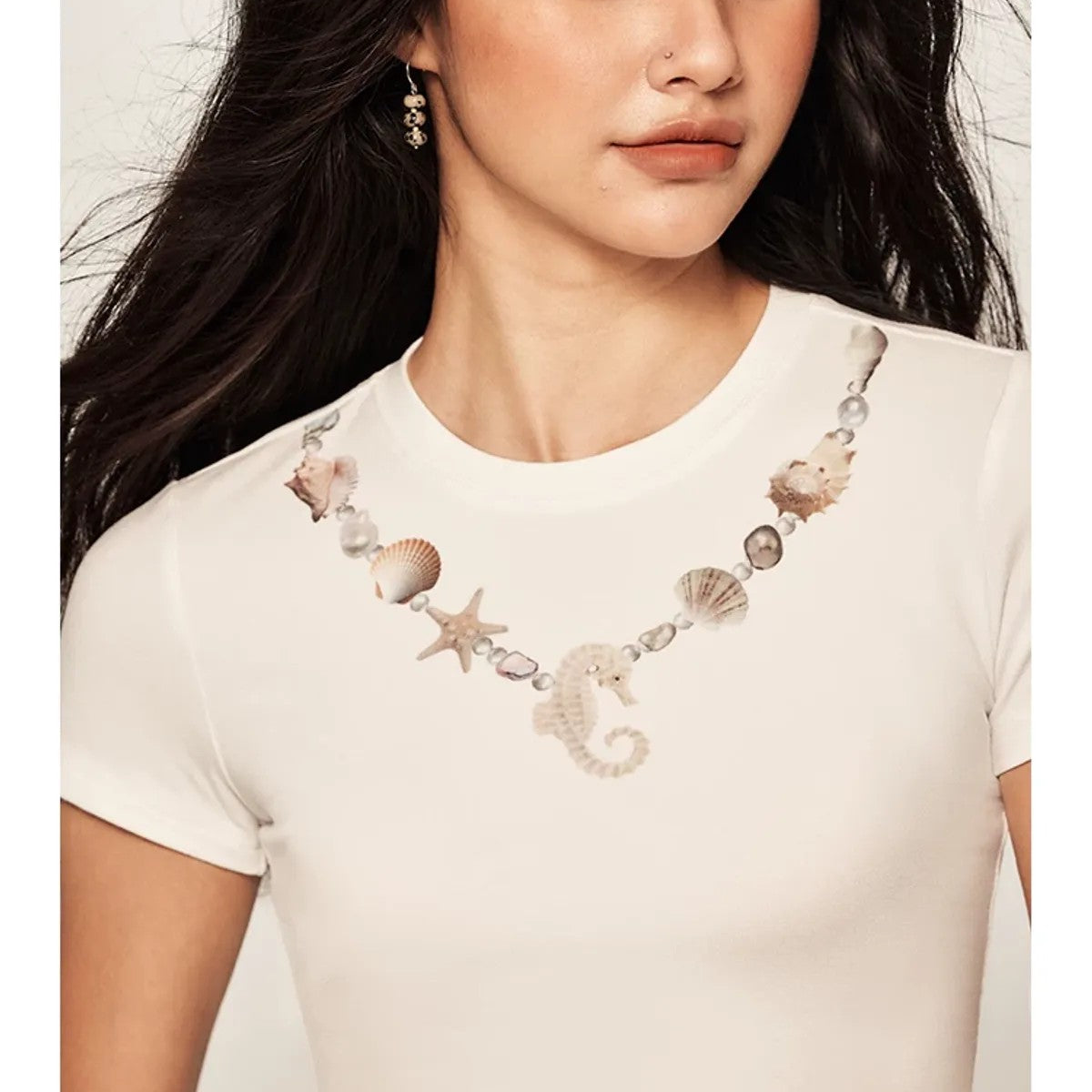BeerBro Faux Seashell Necklace Tee in White - On Model