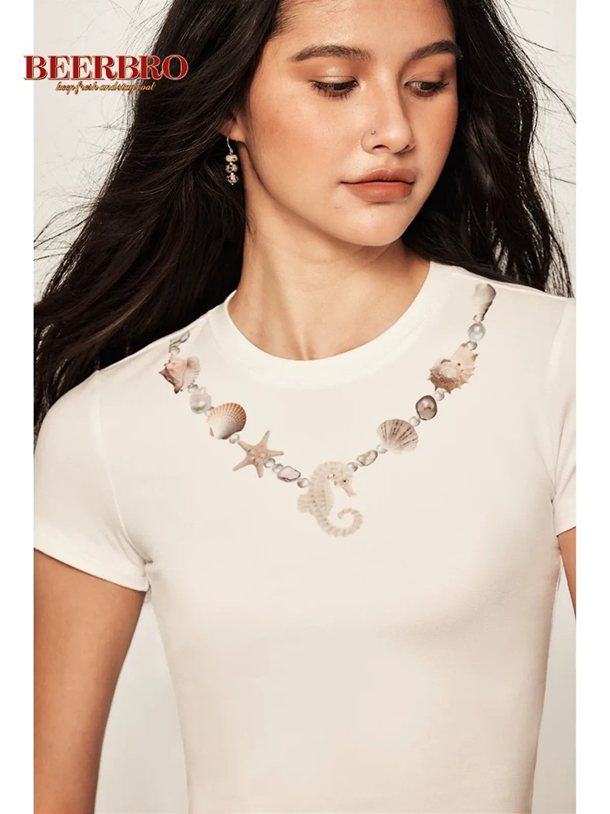 BeerBro Faux Seashell Necklace Tee in White - On Model