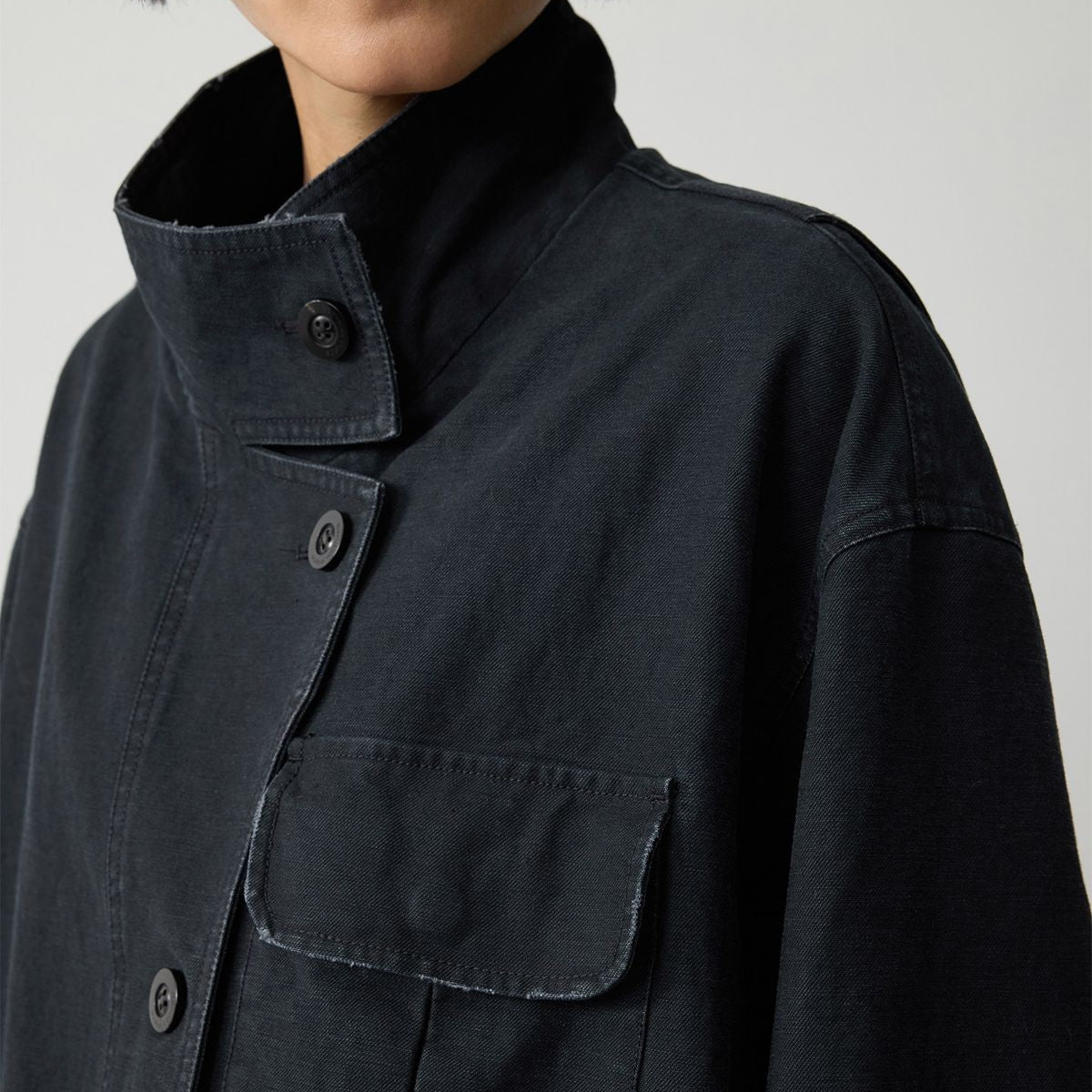 RandomPiece Distressed Cotton Stand Collar Jacket in Navy Blue - Detail